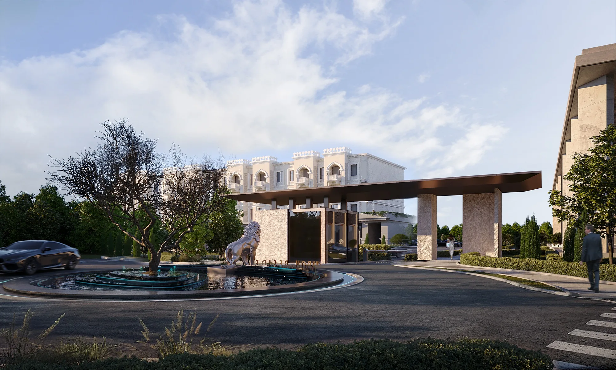 The circular plaza with its fountain in front of the building