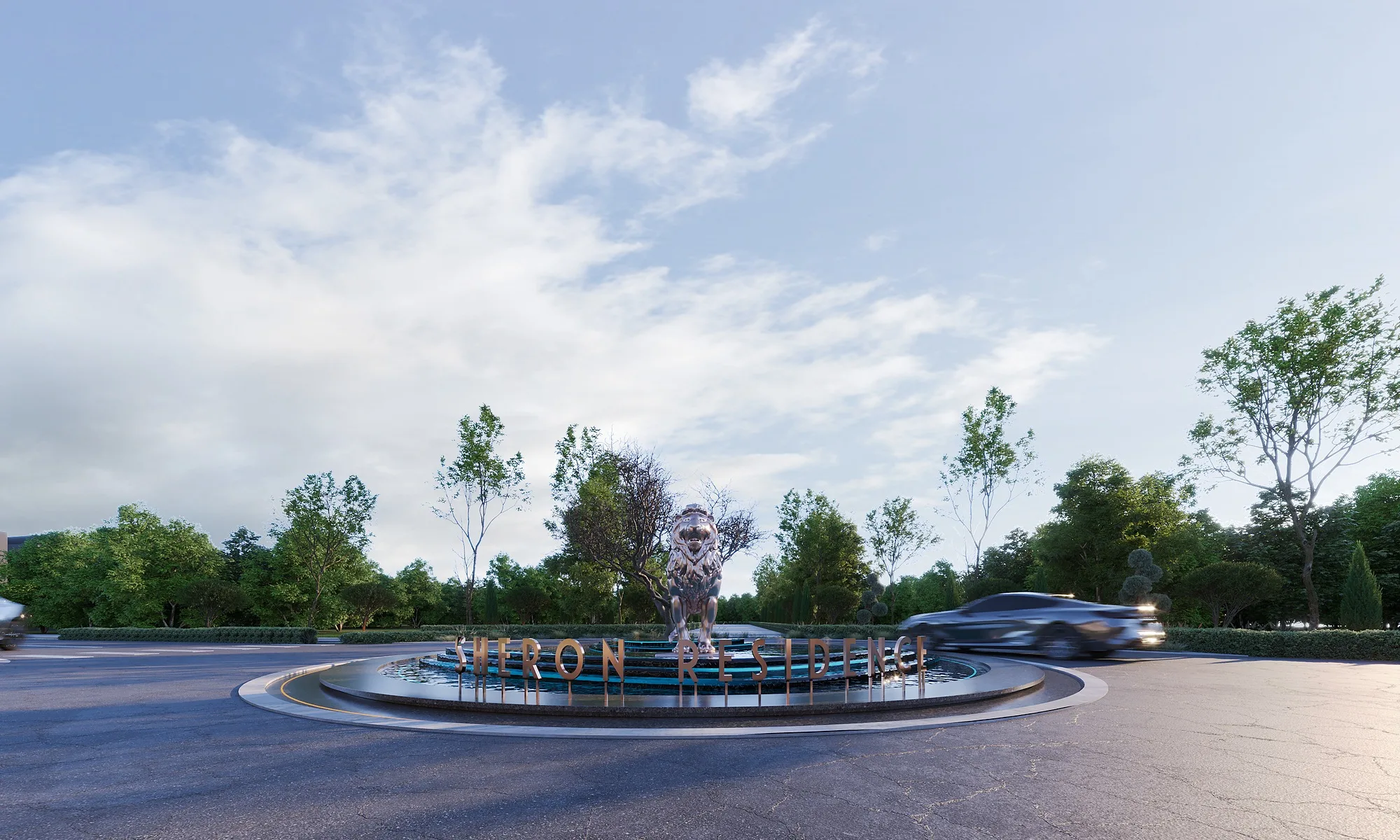 The fountain by day against the building