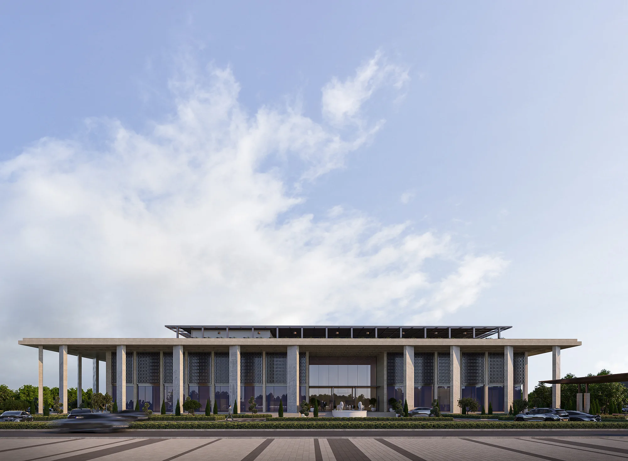 The colonnade of the Sheron administrative block: stone piers and a projecting cornice