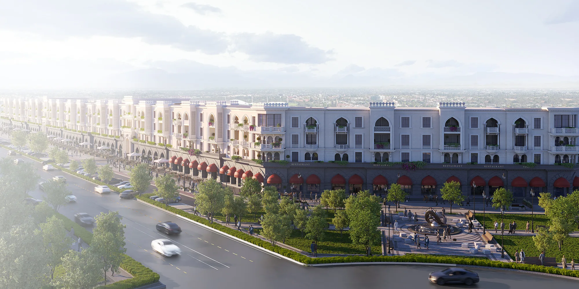 The Sheron complex along the main road: a continuous front of buildings with arcaded ground floors