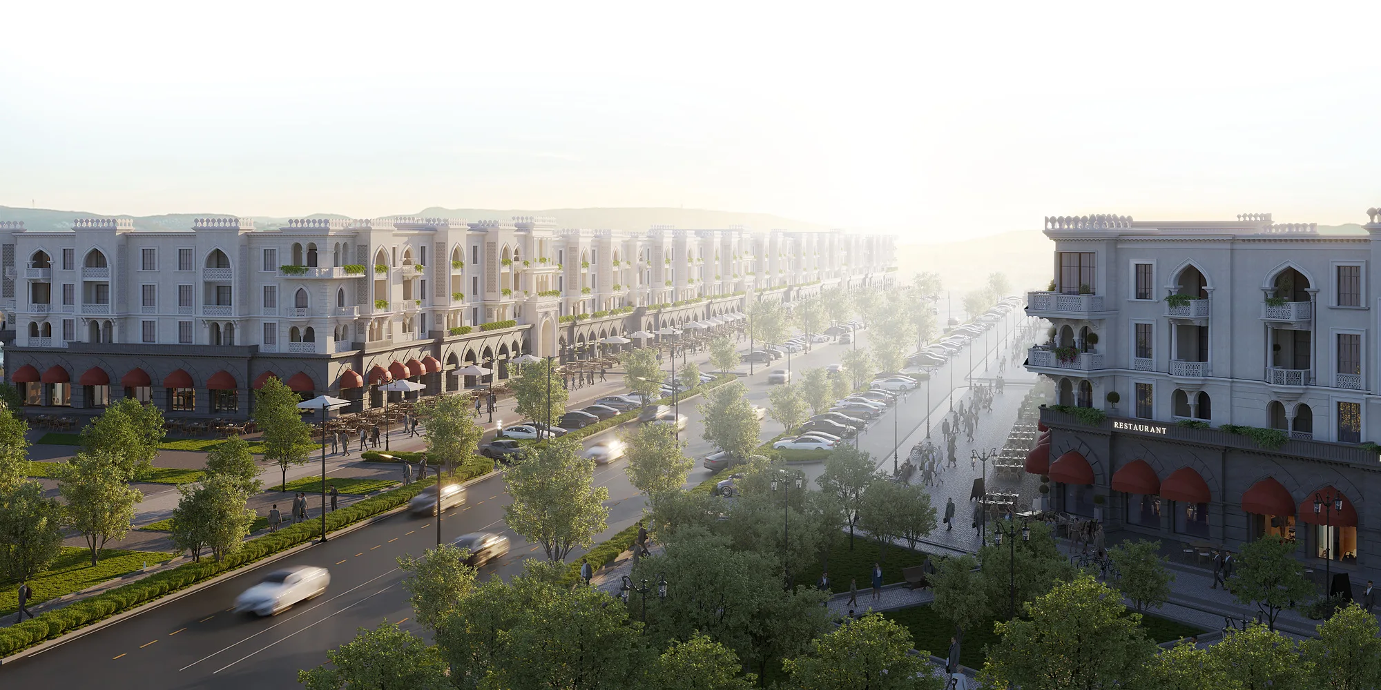 The main boulevard of the Sheron complex with rows of trees and cafes under the arcades