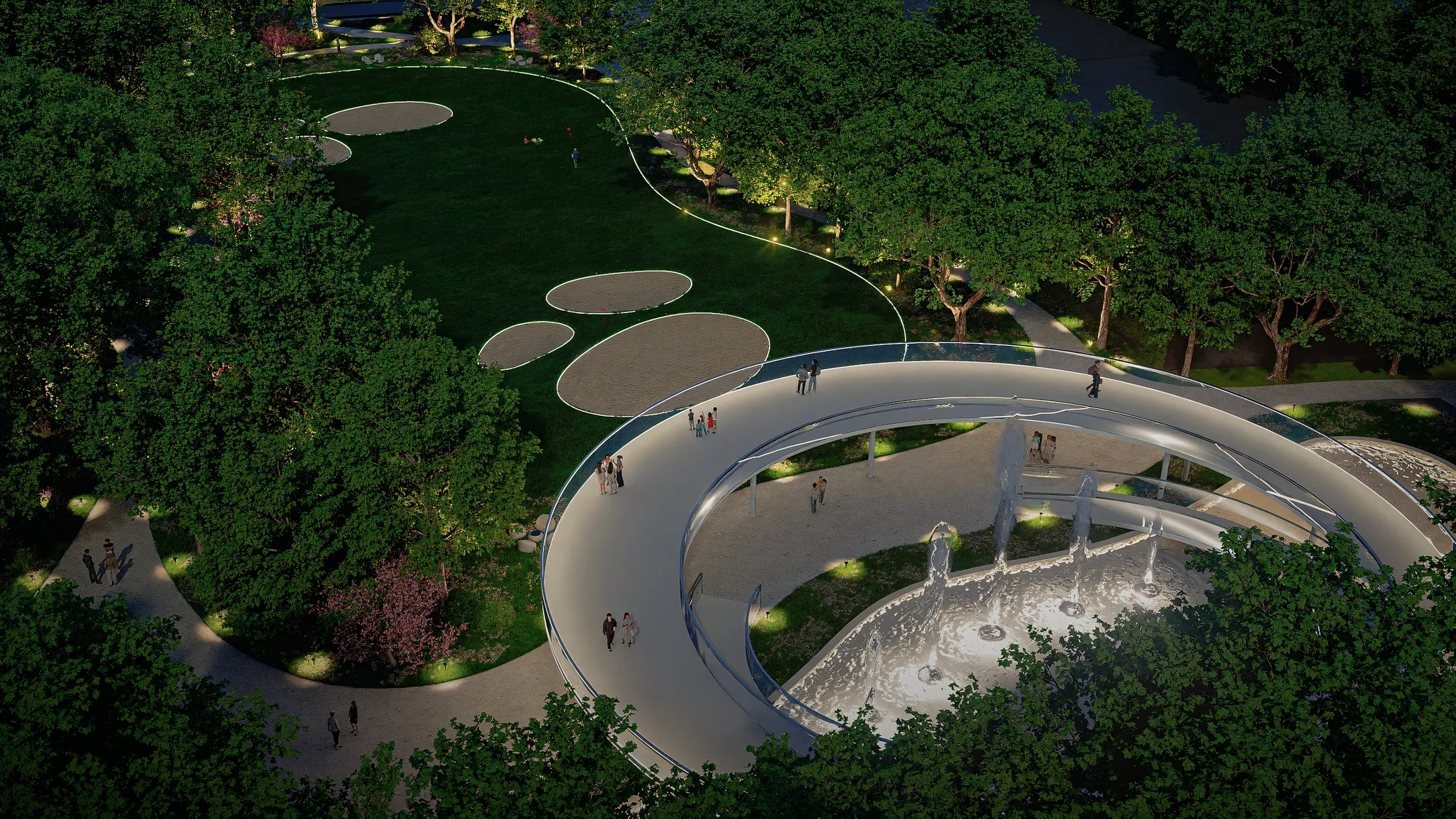 The Sheron park from above by day: the curve of the pavilion, the paths and the lawn with sand circles