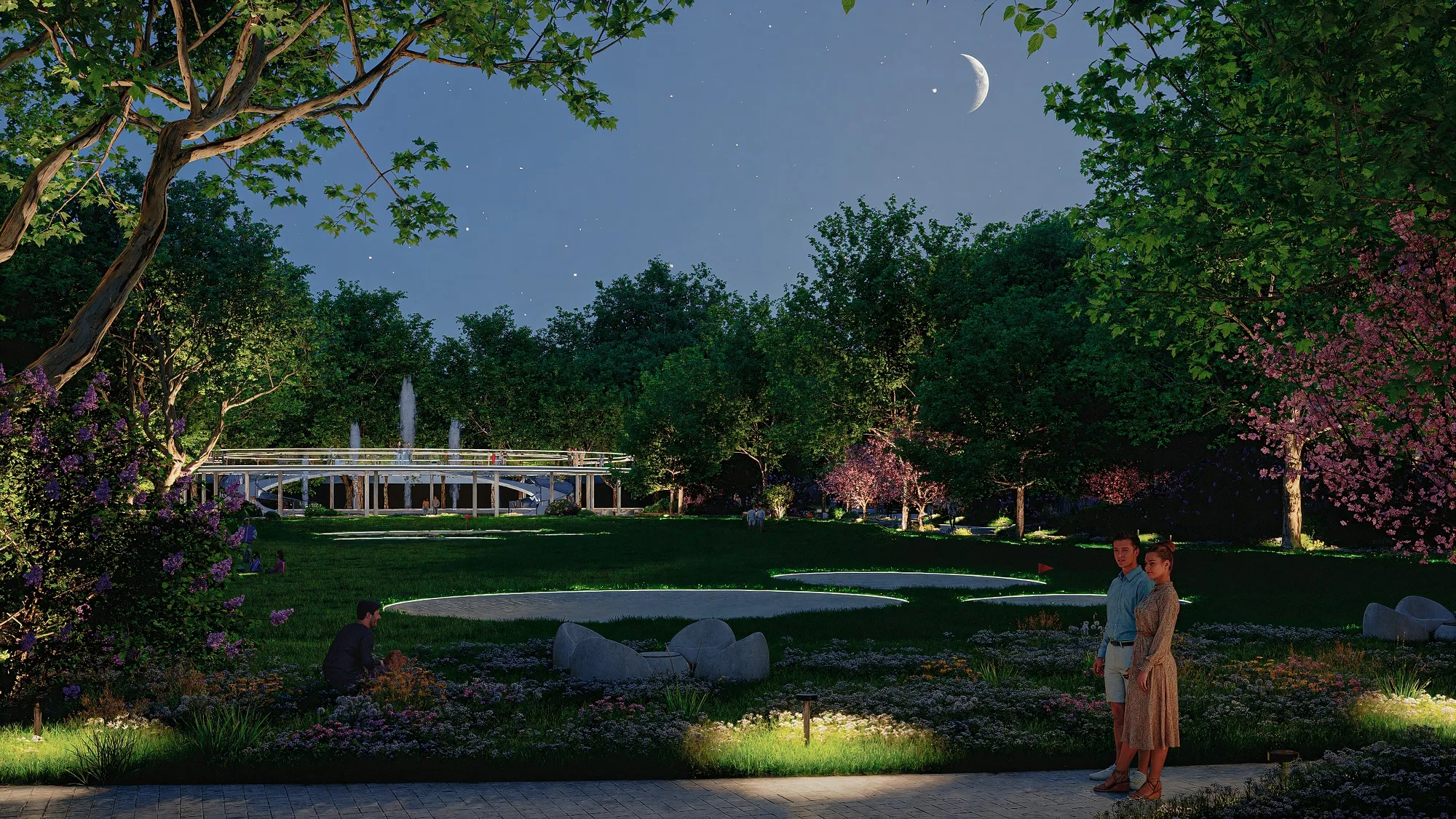 The lawn at dusk, the pavilion in silhouette beyond