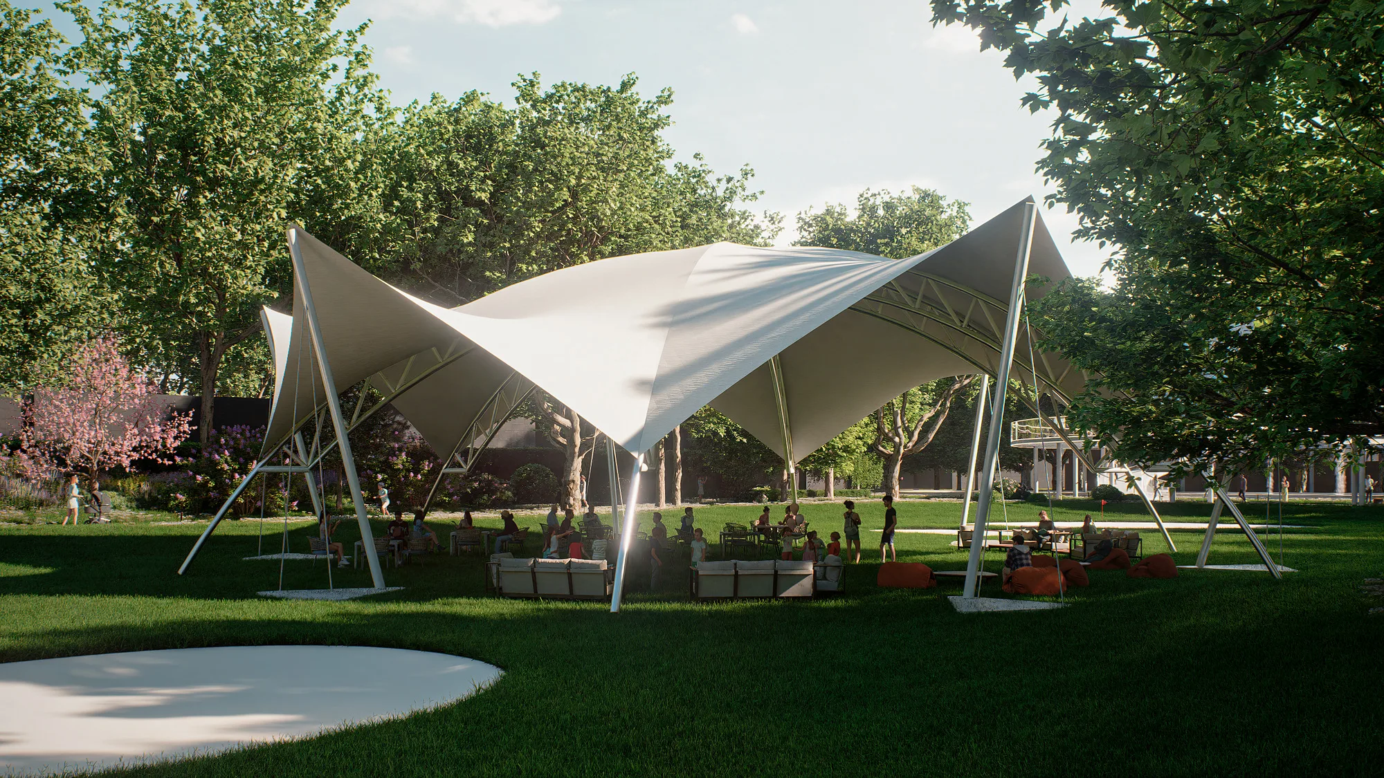 A tented pavilion in Sheron park: white membrane canopies over the lounge area