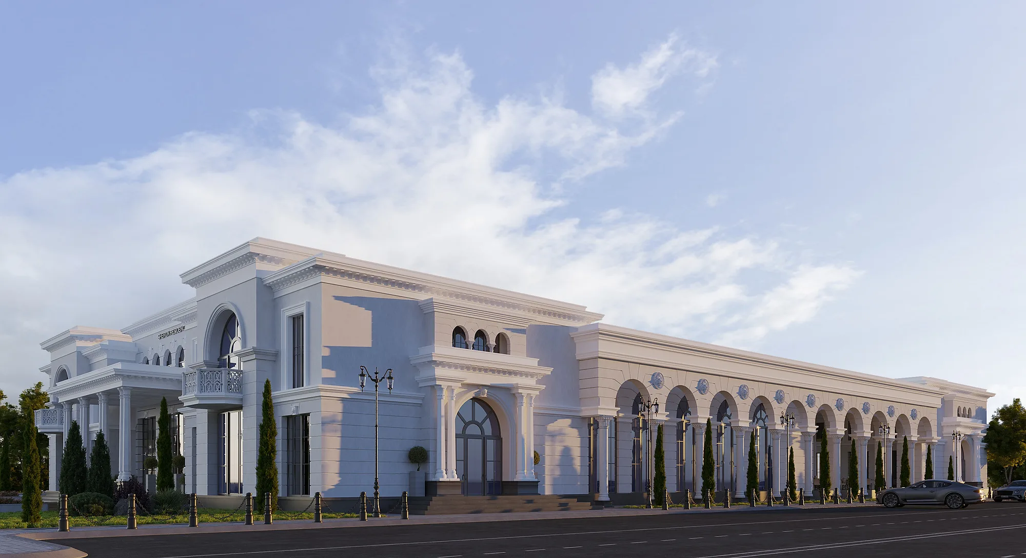 The Sheron administrative and sports block: a long classical facade along the street
