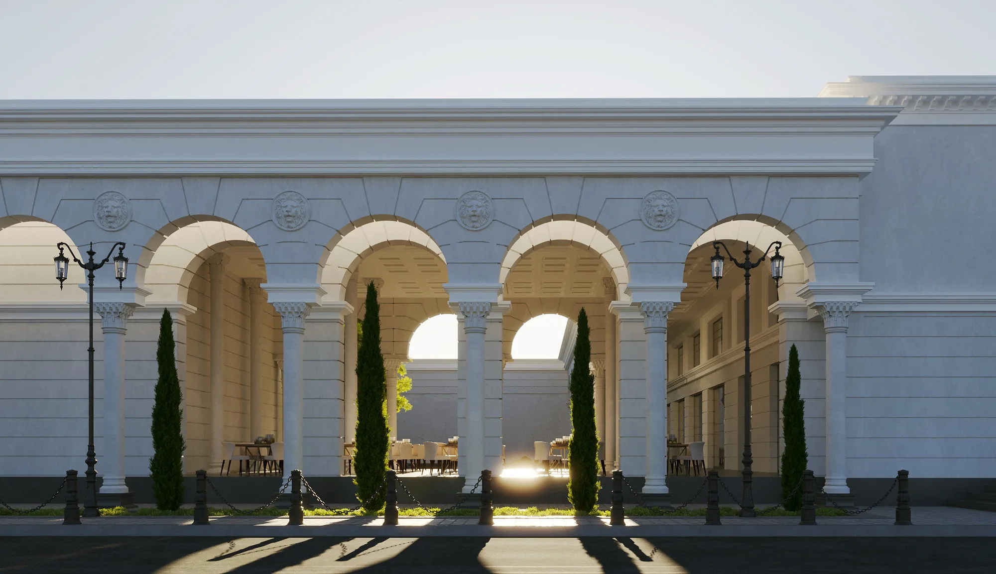 Arches of the Sheron administrative and sports block opening to the courtyard