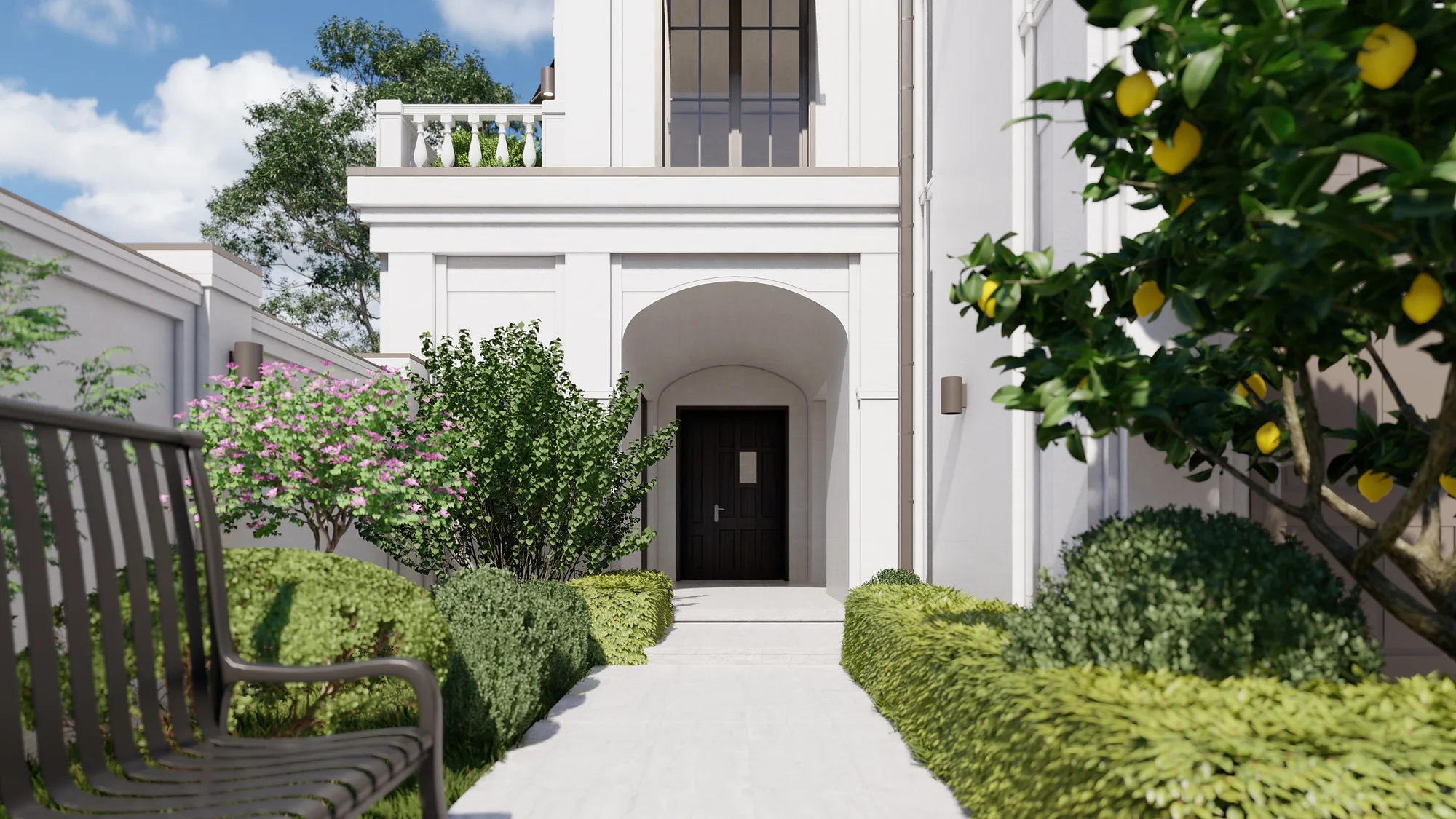 A Sheron villa: the entrance path, hedge and citrus trees