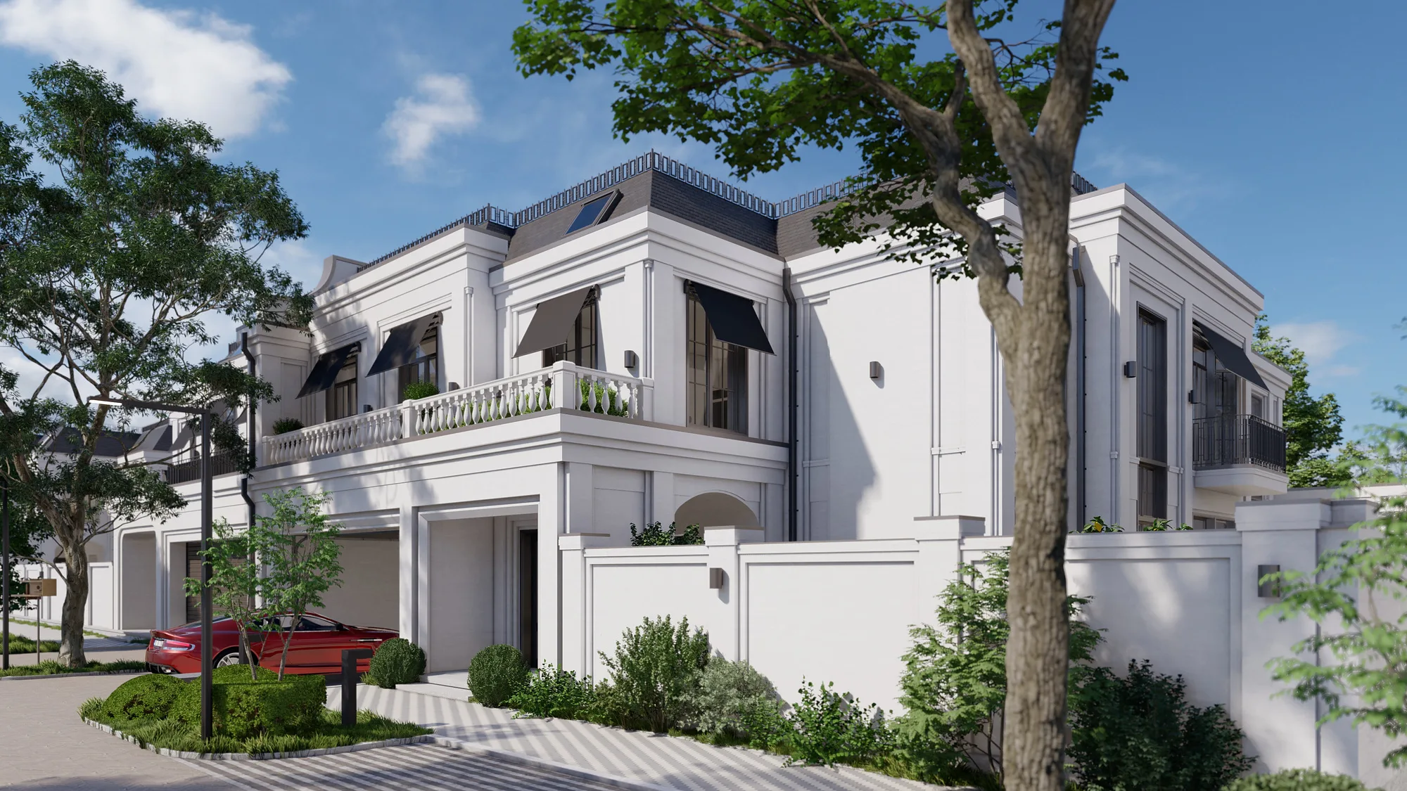 A street of Sheron villas: white facades, fences and trees along the drive