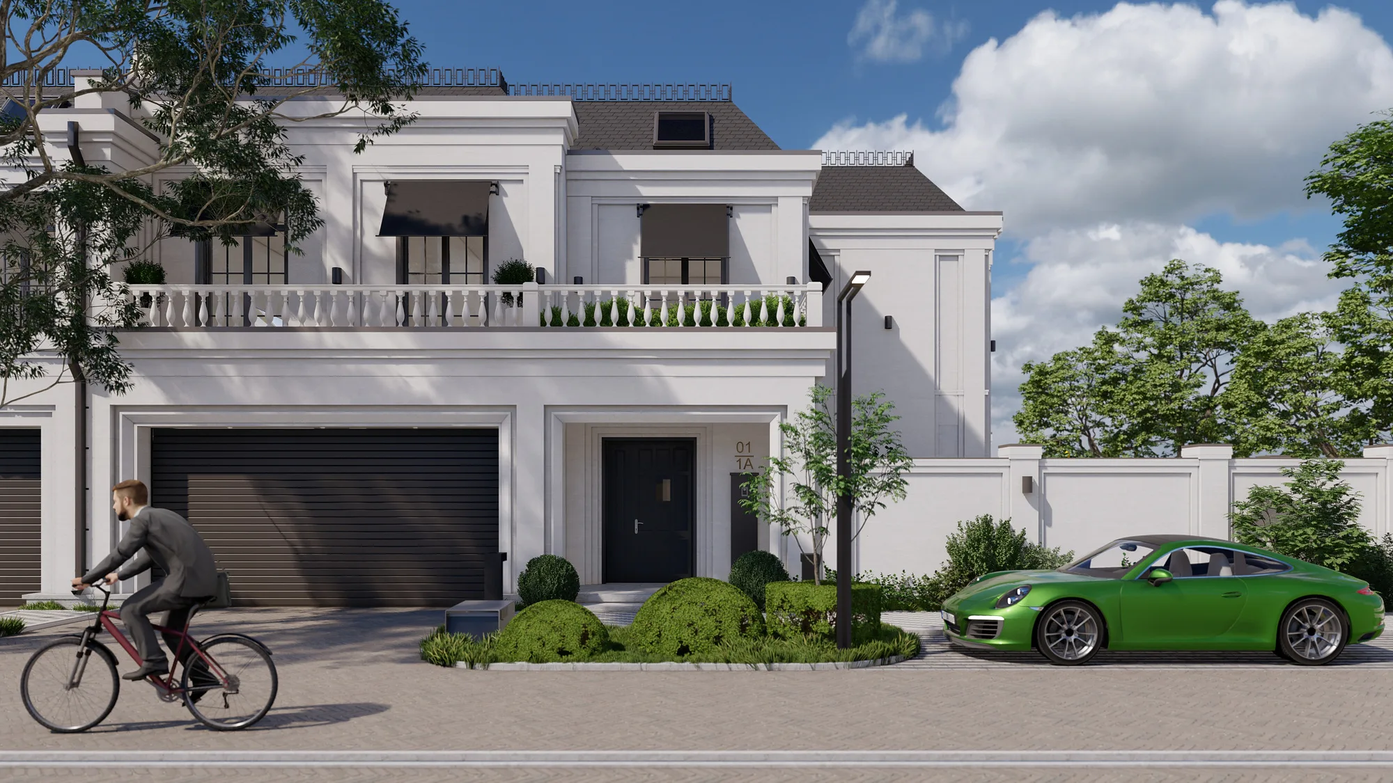 Sheron villas with garages: rusticated white facades and the access road