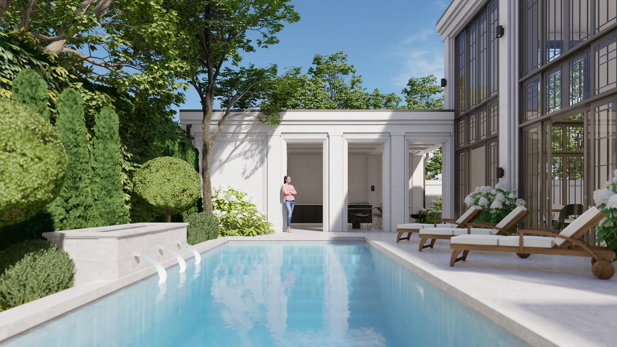 A Sheron villa pool: water, sun loungers and a hedge by the terrace