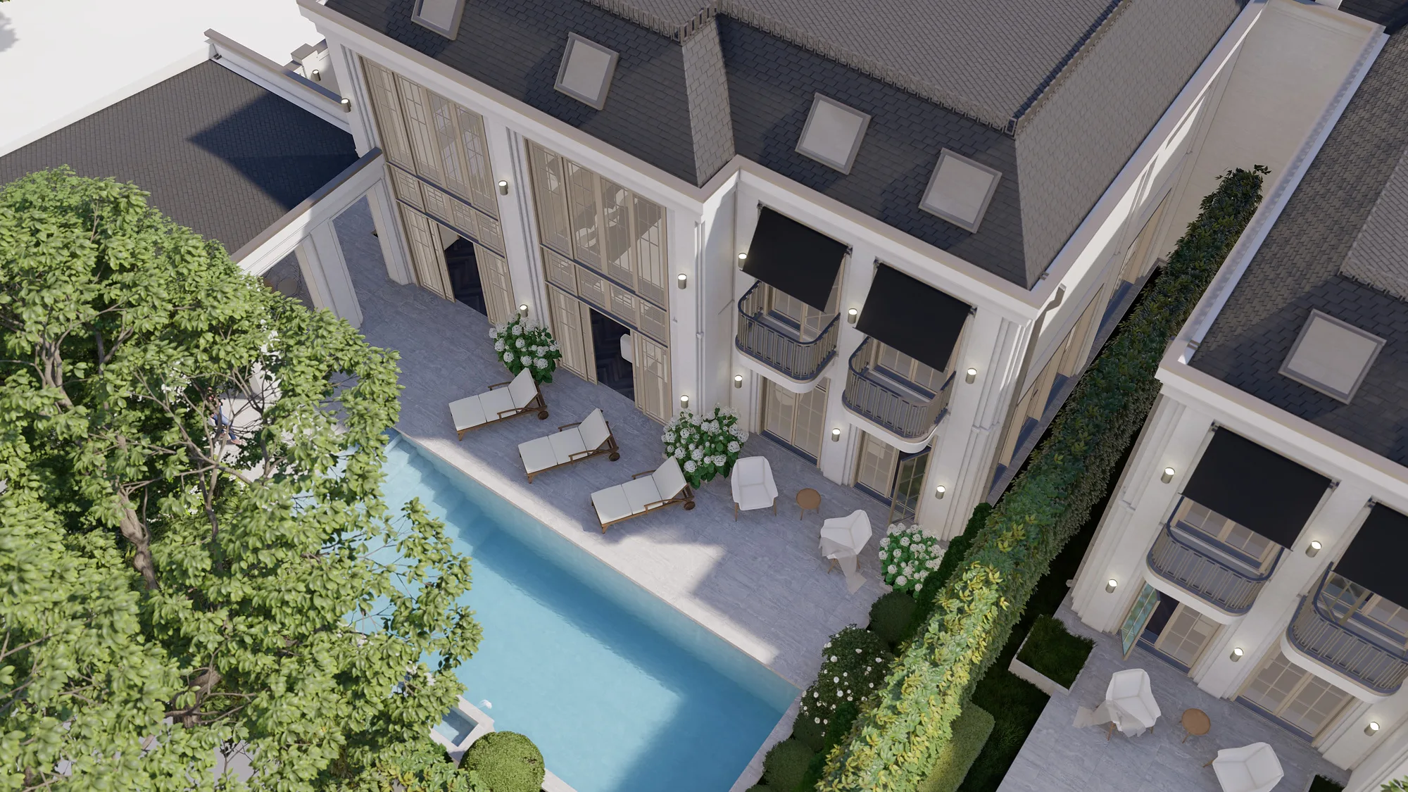 A Sheron villa from above: the pool, paved courtyard and parking