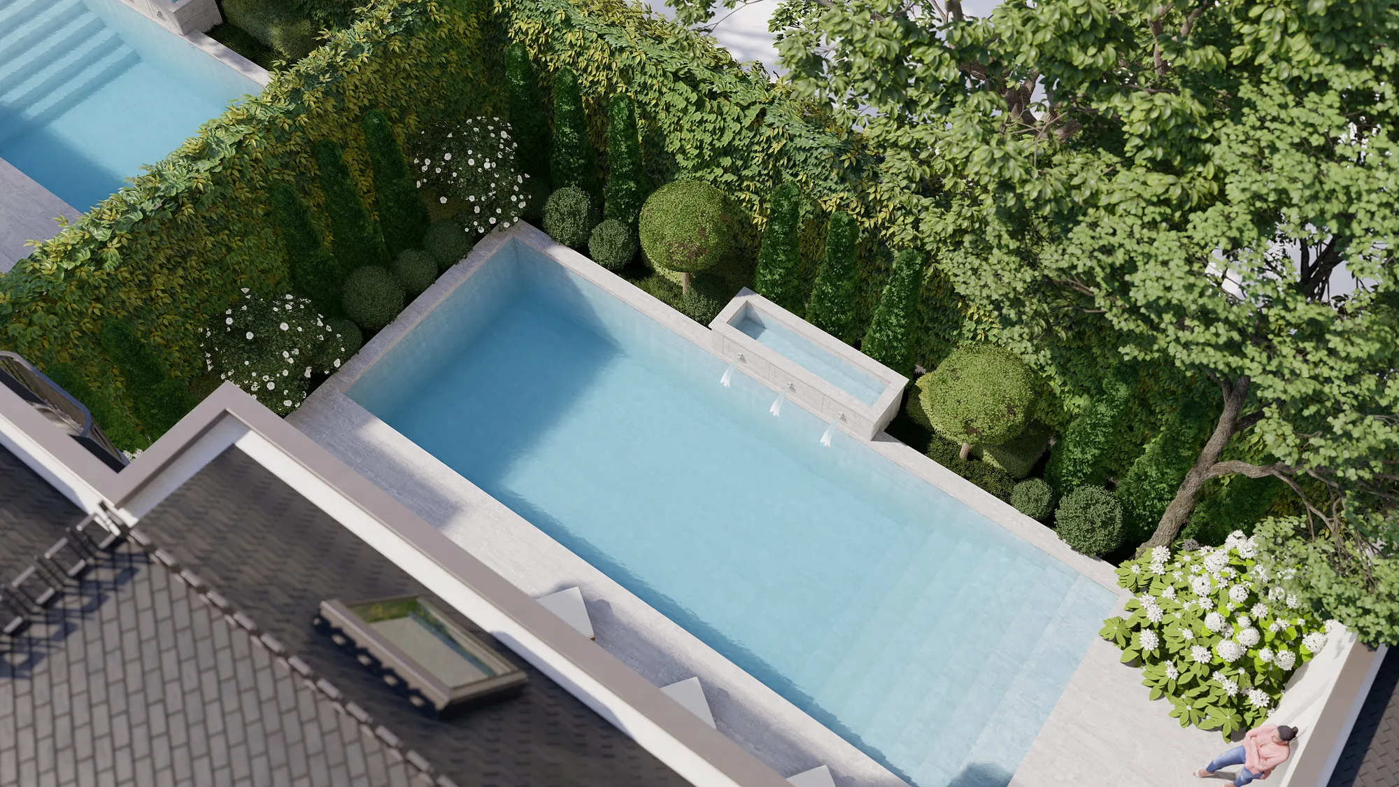 A Sheron villa courtyard from above: the pool, clipped planting and terrace