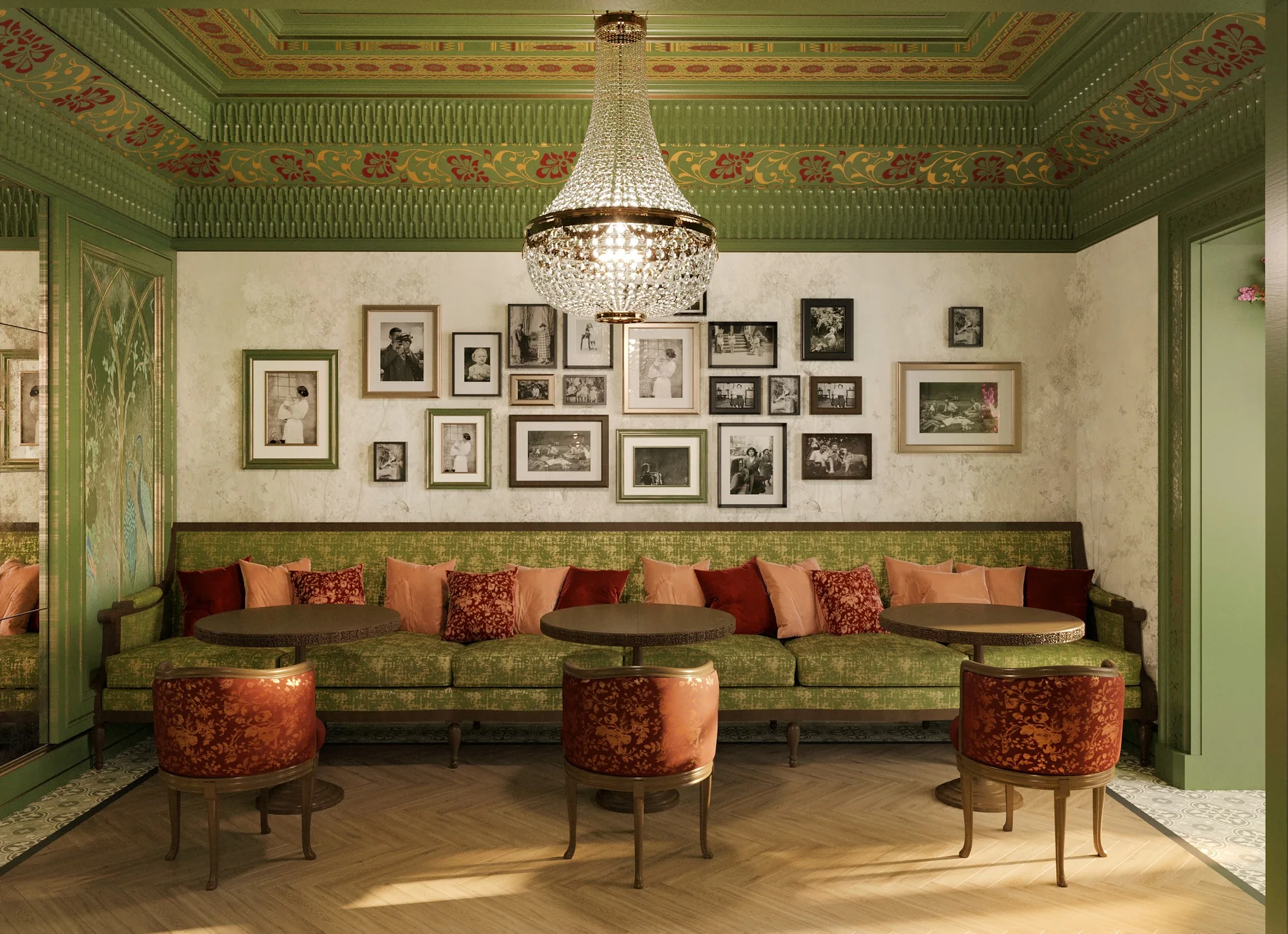 SORA restaurant in Tashkent: a banquette along the wall of photographs — SAD studio