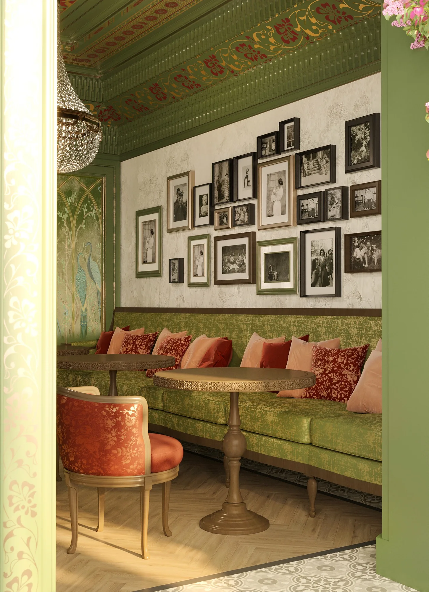 SORA restaurant in Tashkent: a banquette by the wall of photographs — SAD studio