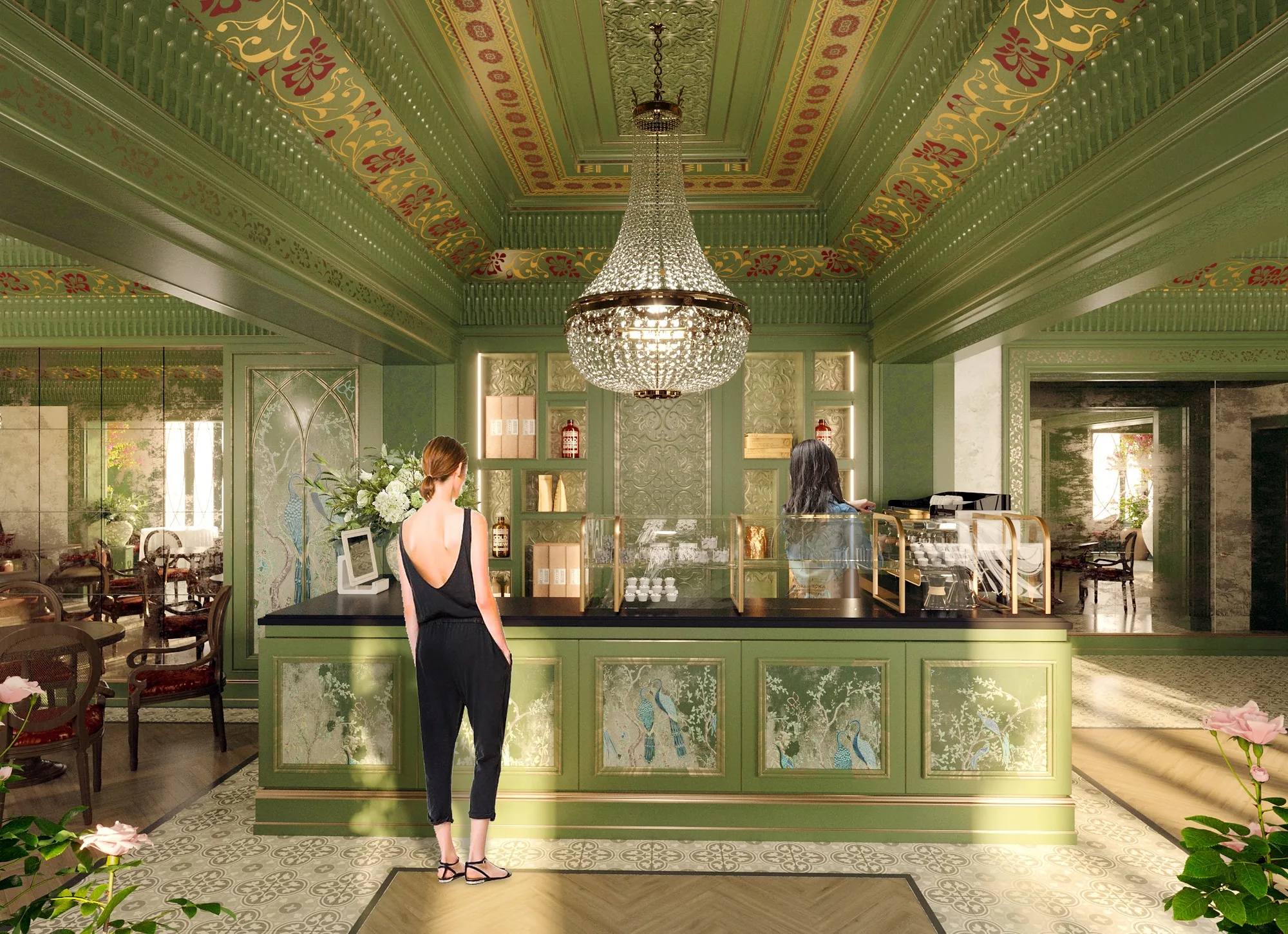SORA restaurant in Tashkent: the bar counter under the painted ceiling — SAD studio