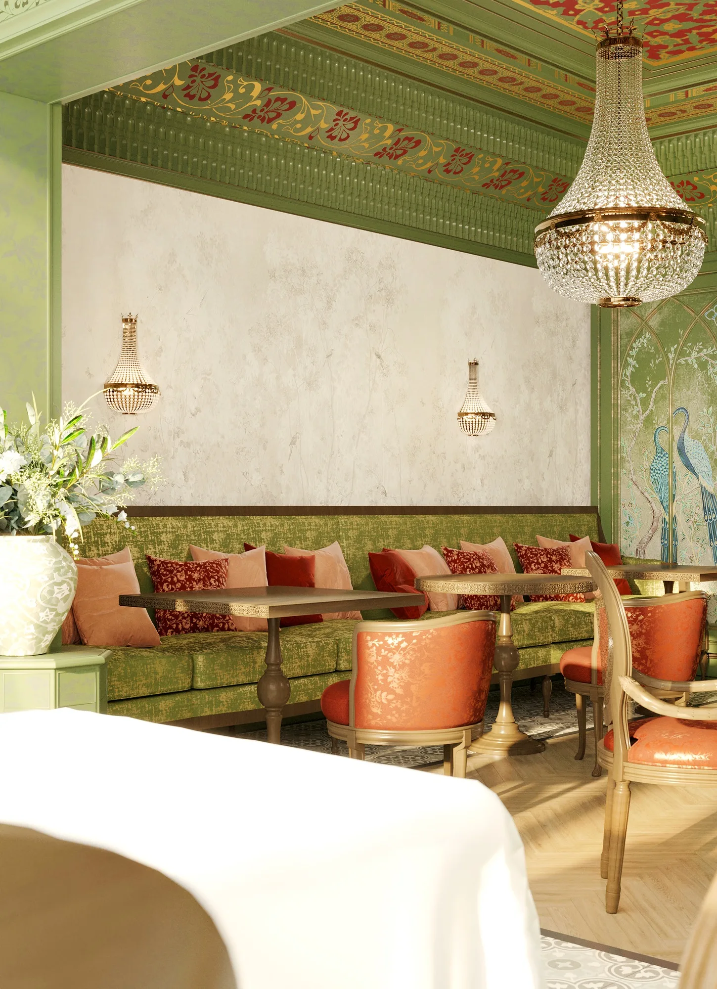 SORA restaurant in Tashkent: the hall with banquettes and a chandelier — SAD studio