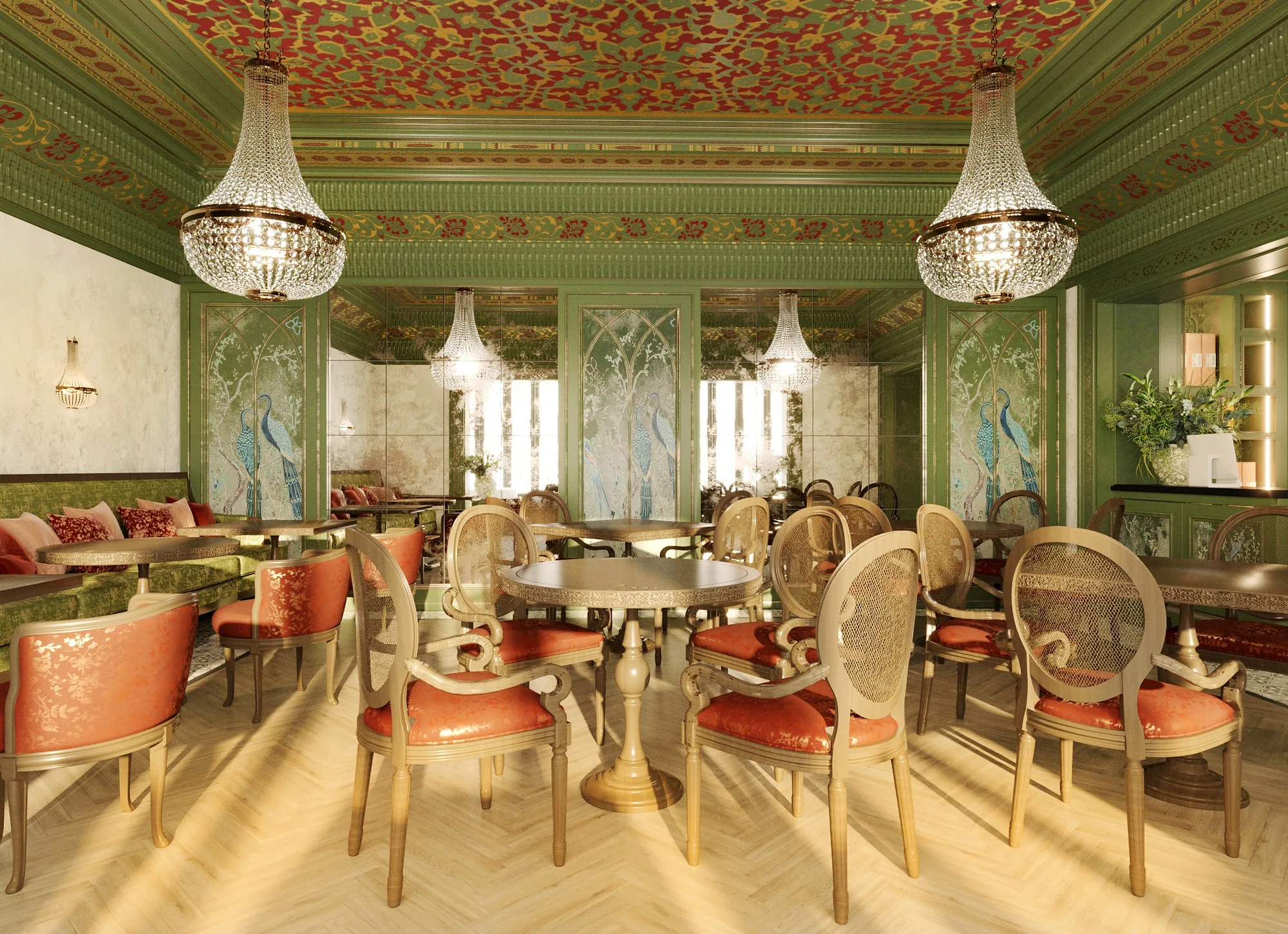 SORA restaurant in Tashkent: the hall with crystal chandeliers and carved armchairs — SAD studio
