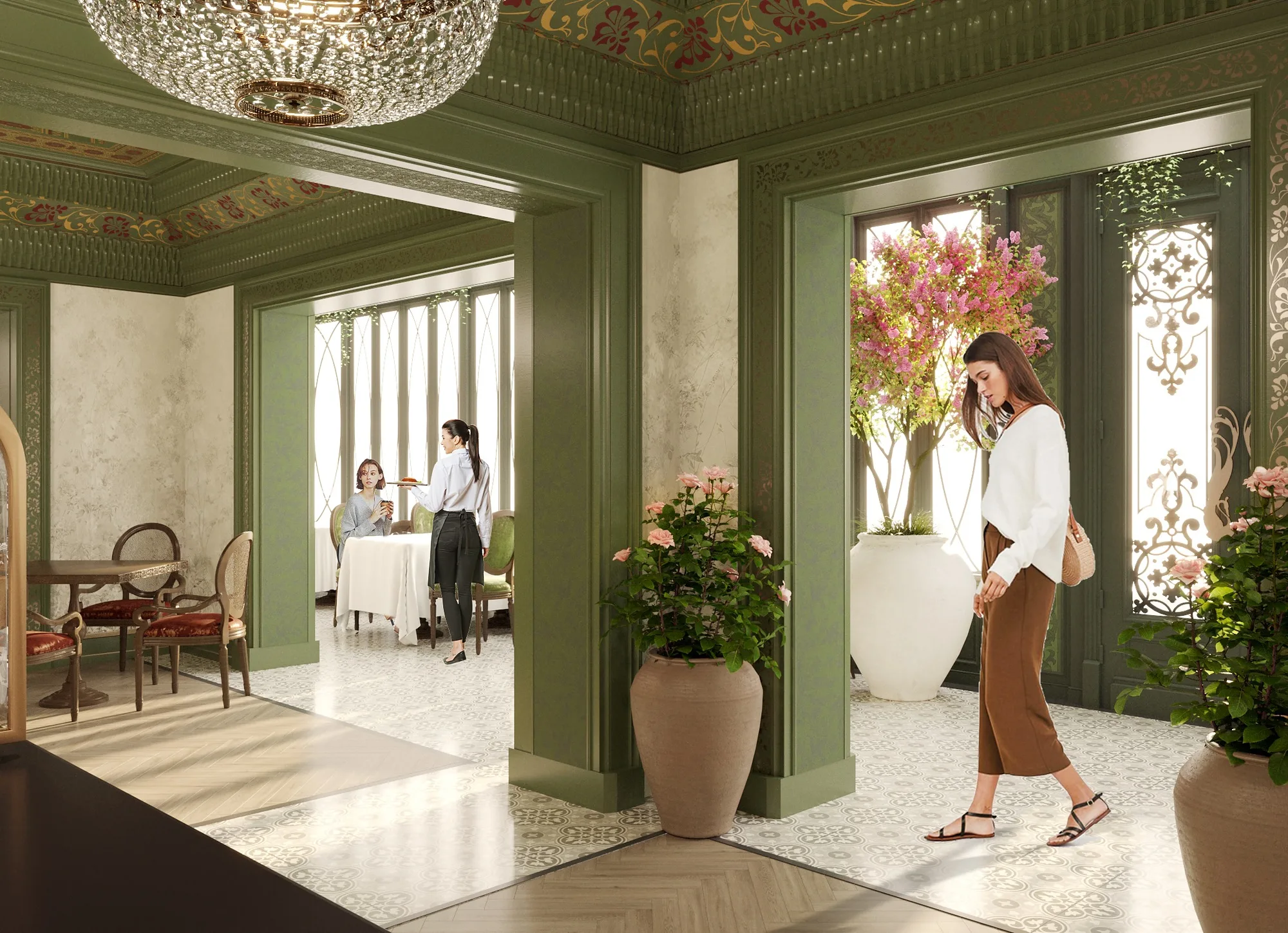 SORA restaurant in Tashkent: the passage to the gallery with flowers — SAD studio