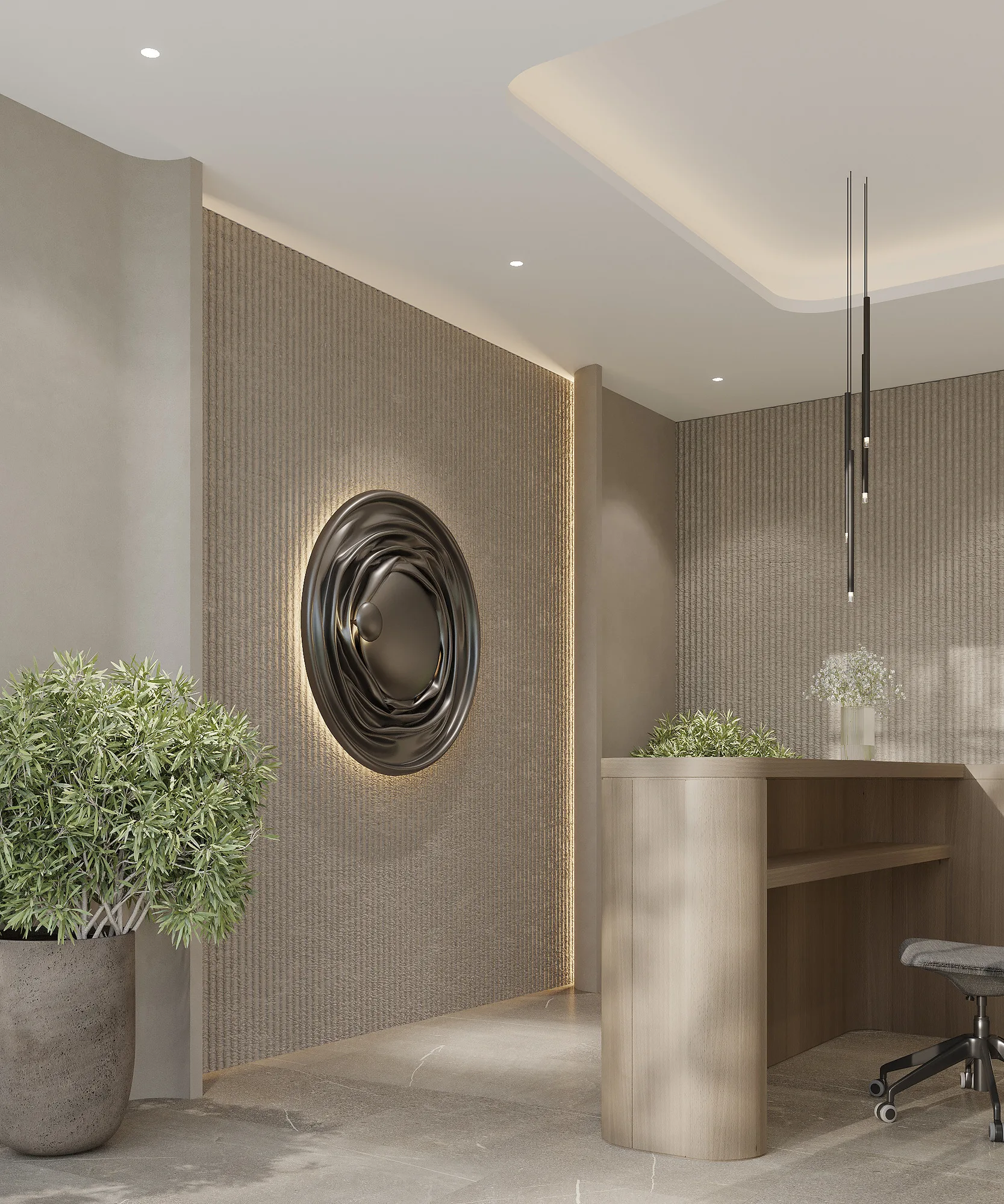 Spa interior render: waiting area by the reception — SAD studio