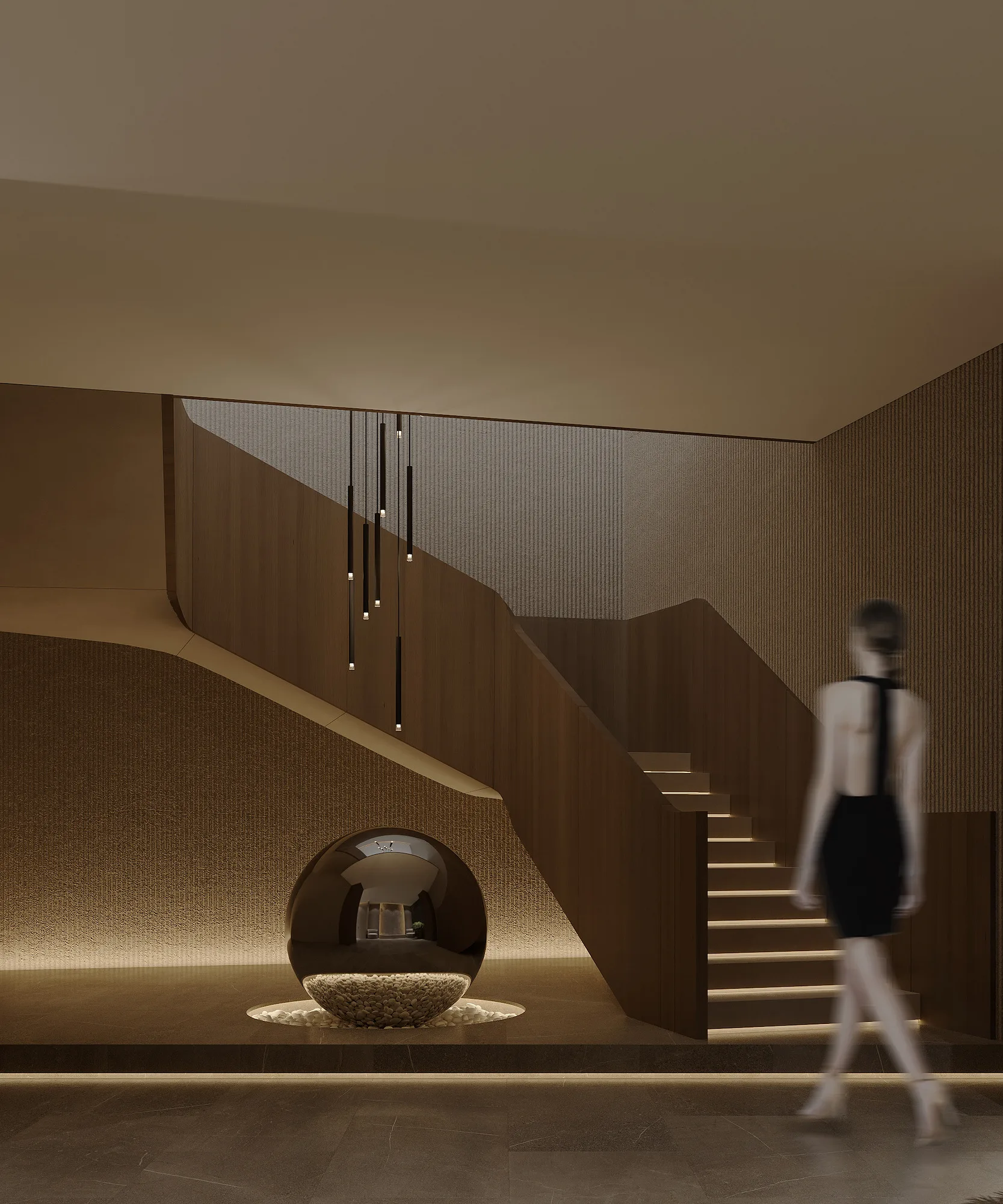 Spa interior render: staircase and lit sphere — SAD studio