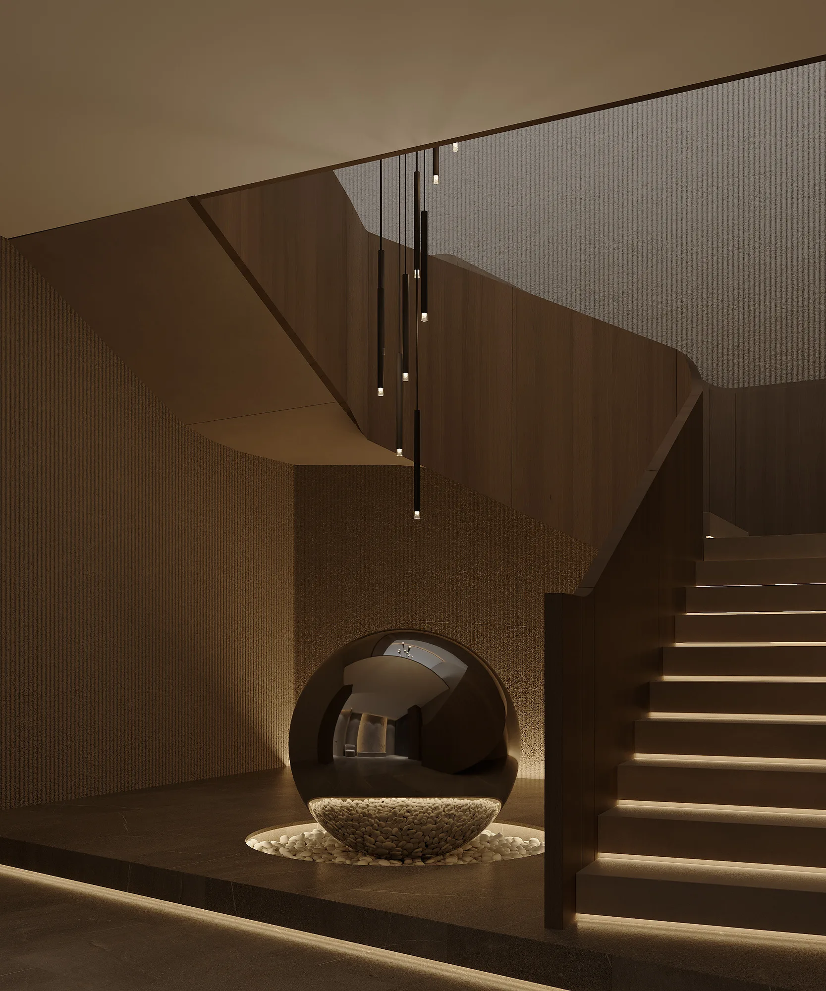 Spa interior render: staircase to the upper floor — SAD studio