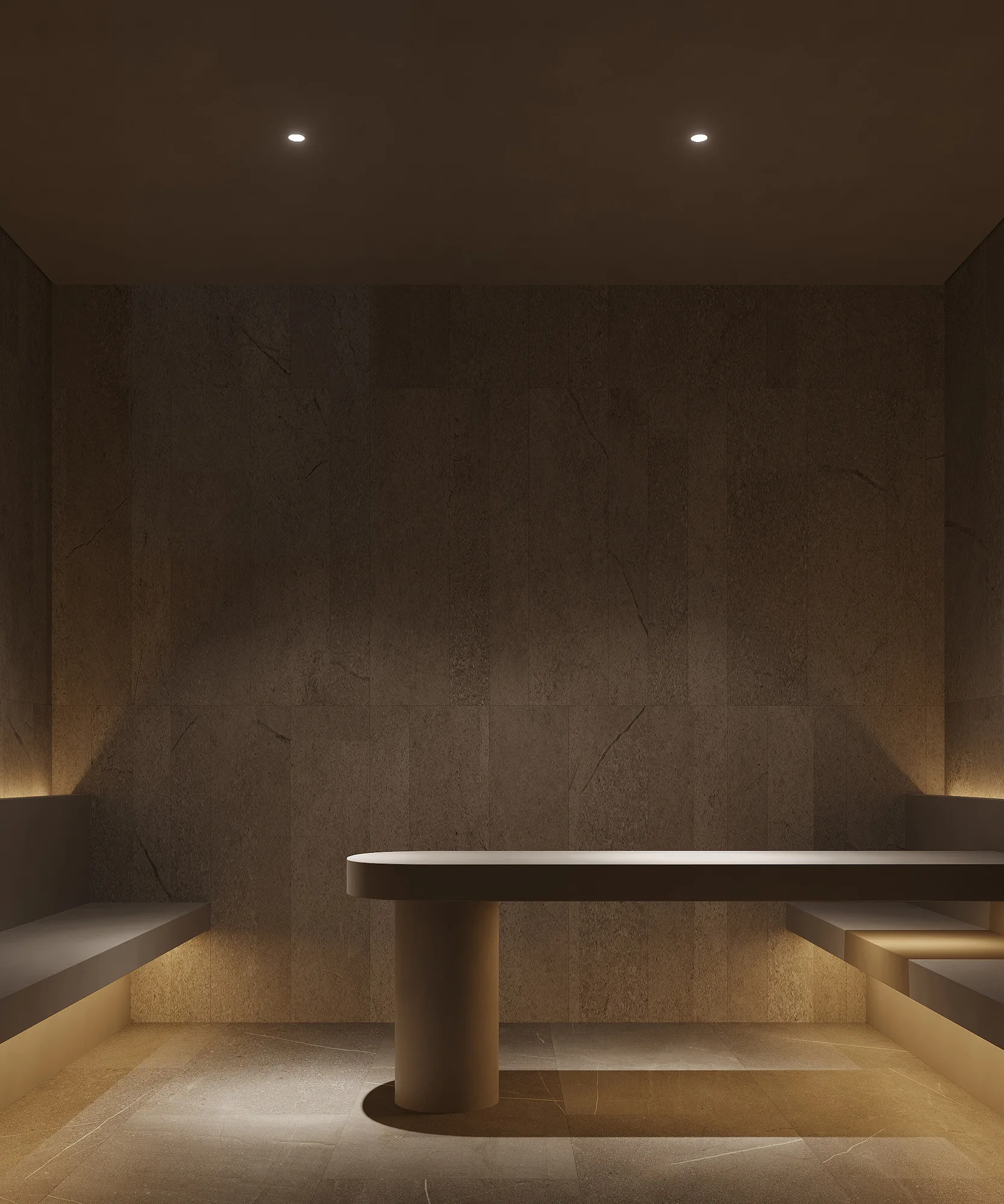 Spa interior render: lit bench in the VIP suite — SAD studio