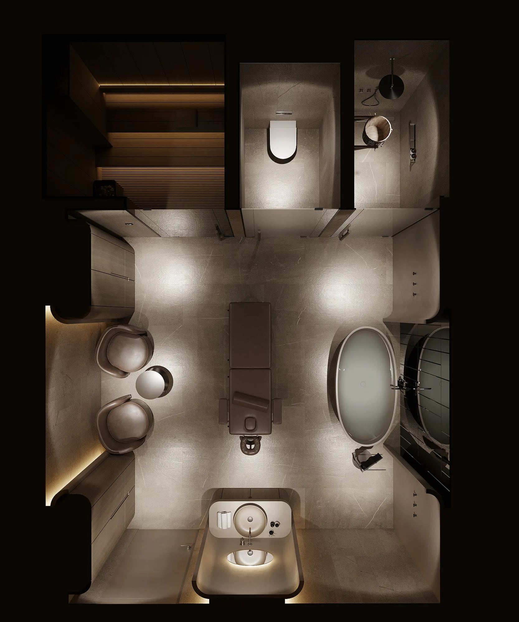 Spa interior render: room with a bathtub from above — SAD studio