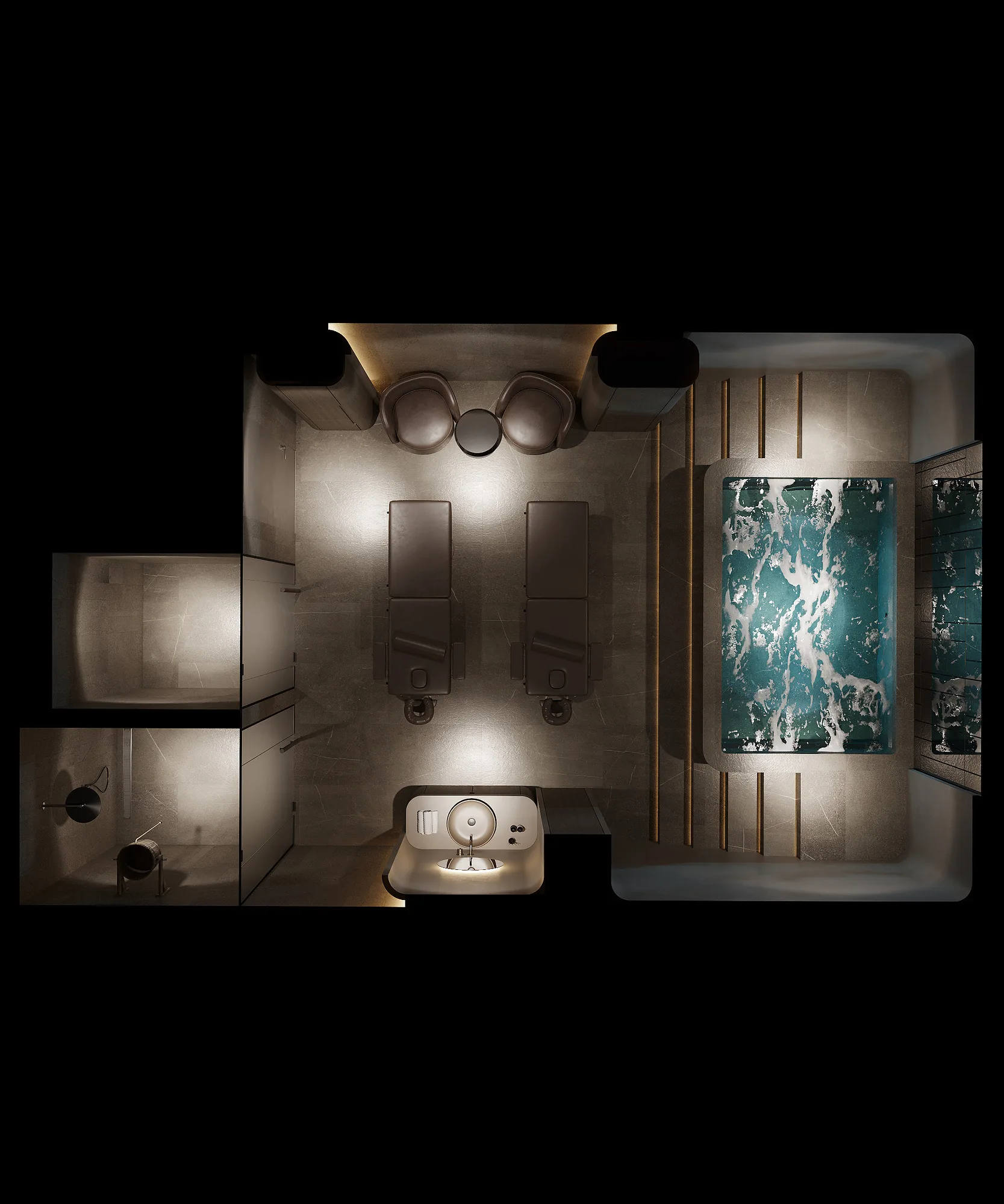 Spa interior render: room with a pool from above — SAD studio