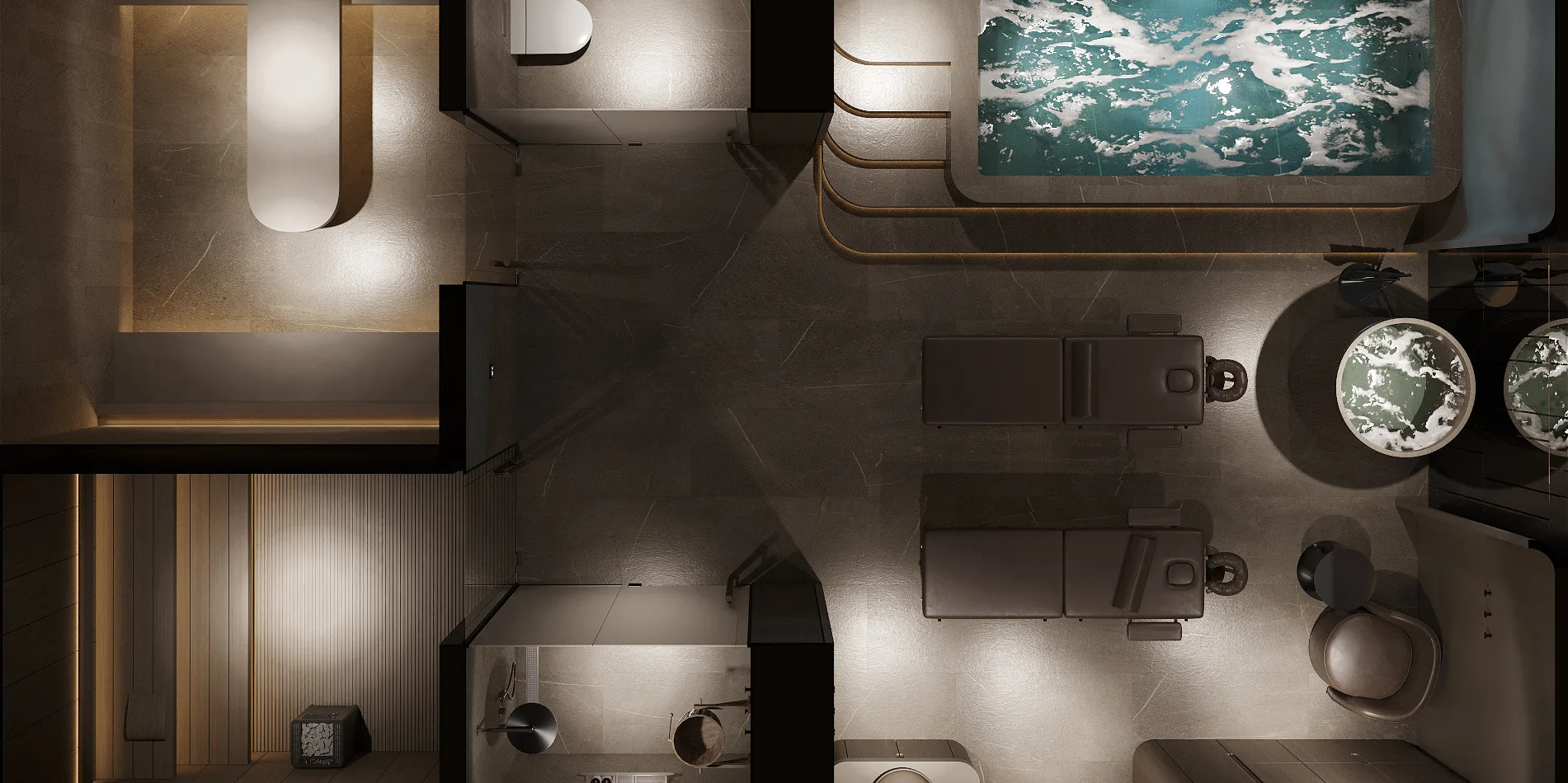 Spa interior render: VIP suite from above — SAD studio