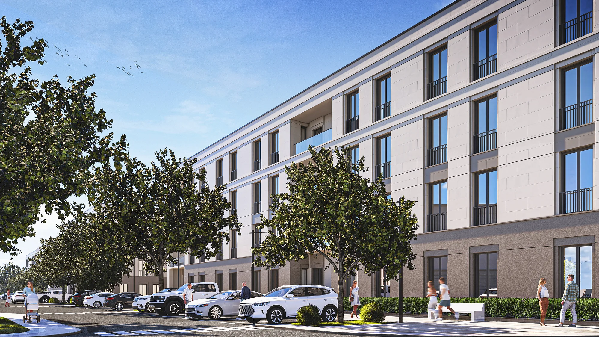 Strawberry residential quarter render: street along the residential buildings — SAD studio