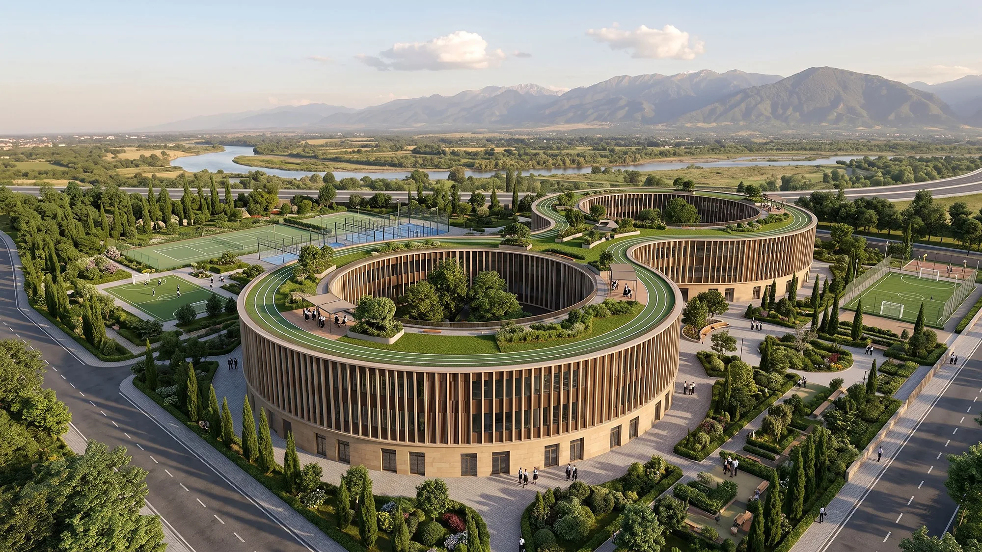 A public complex in the Surkhandarya valley: circular volumes, sports fields, the river and mountains beyond