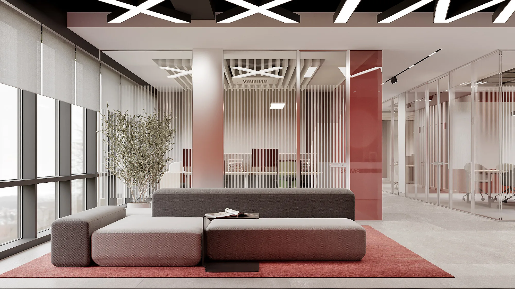 SWIXX office render: lounge by the windows — SAD studio