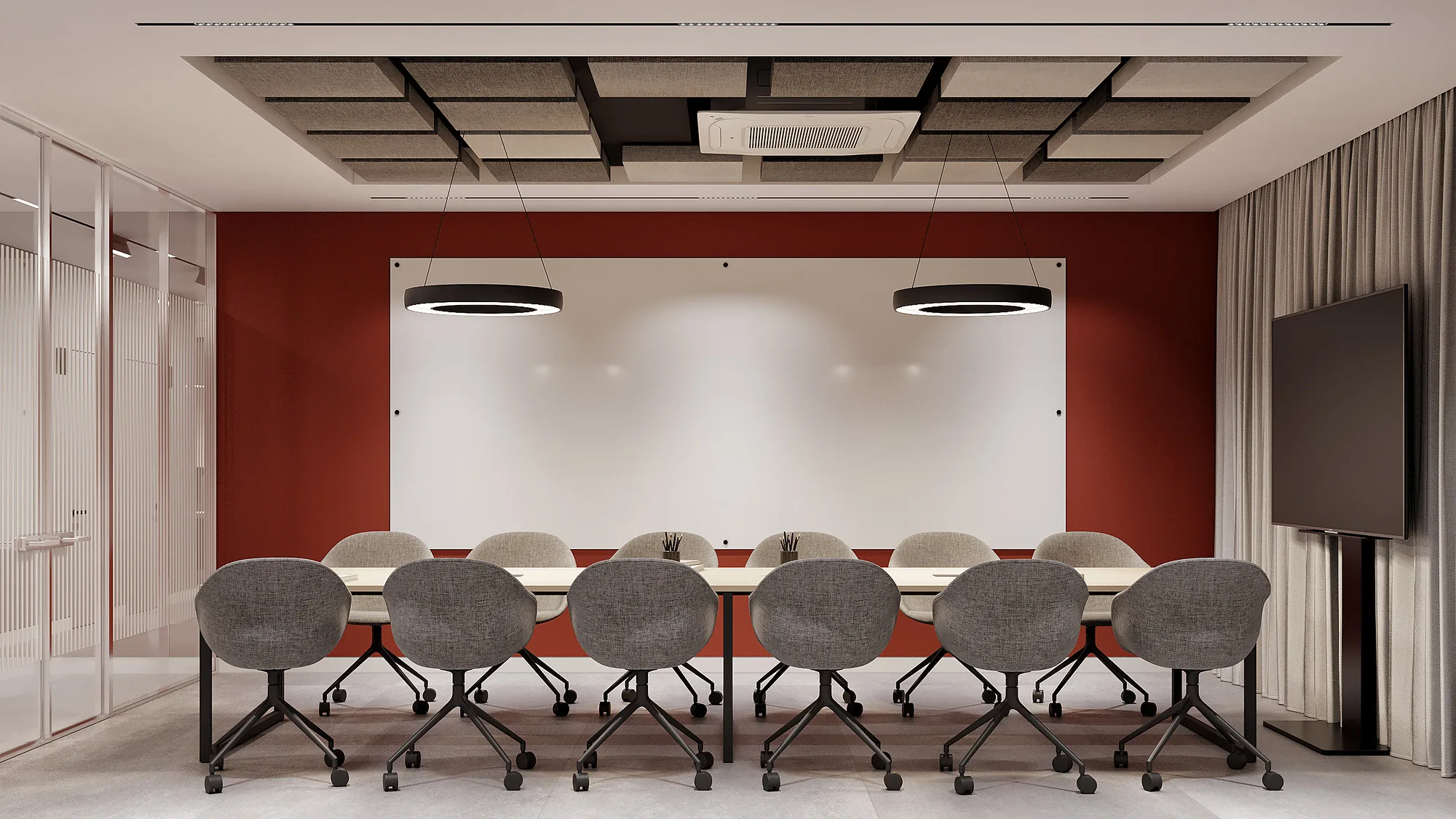 SWIXX office render: meeting room with a red wall — SAD studio