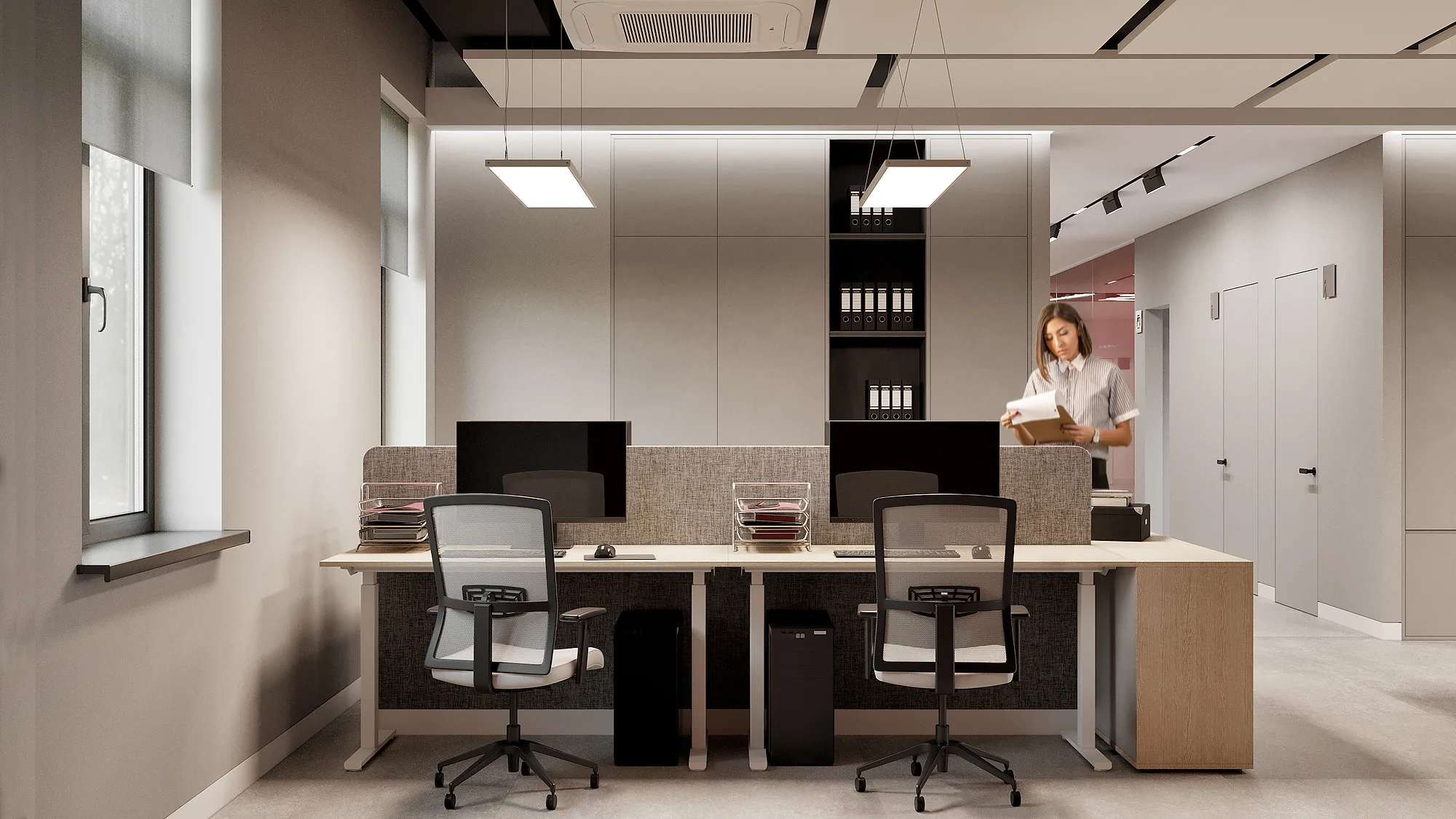 SWIXX office render: work area with shelving — SAD studio