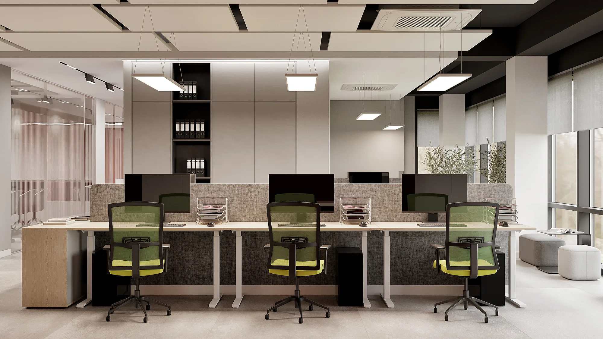 SWIXX office render: workstations with screens — SAD studio