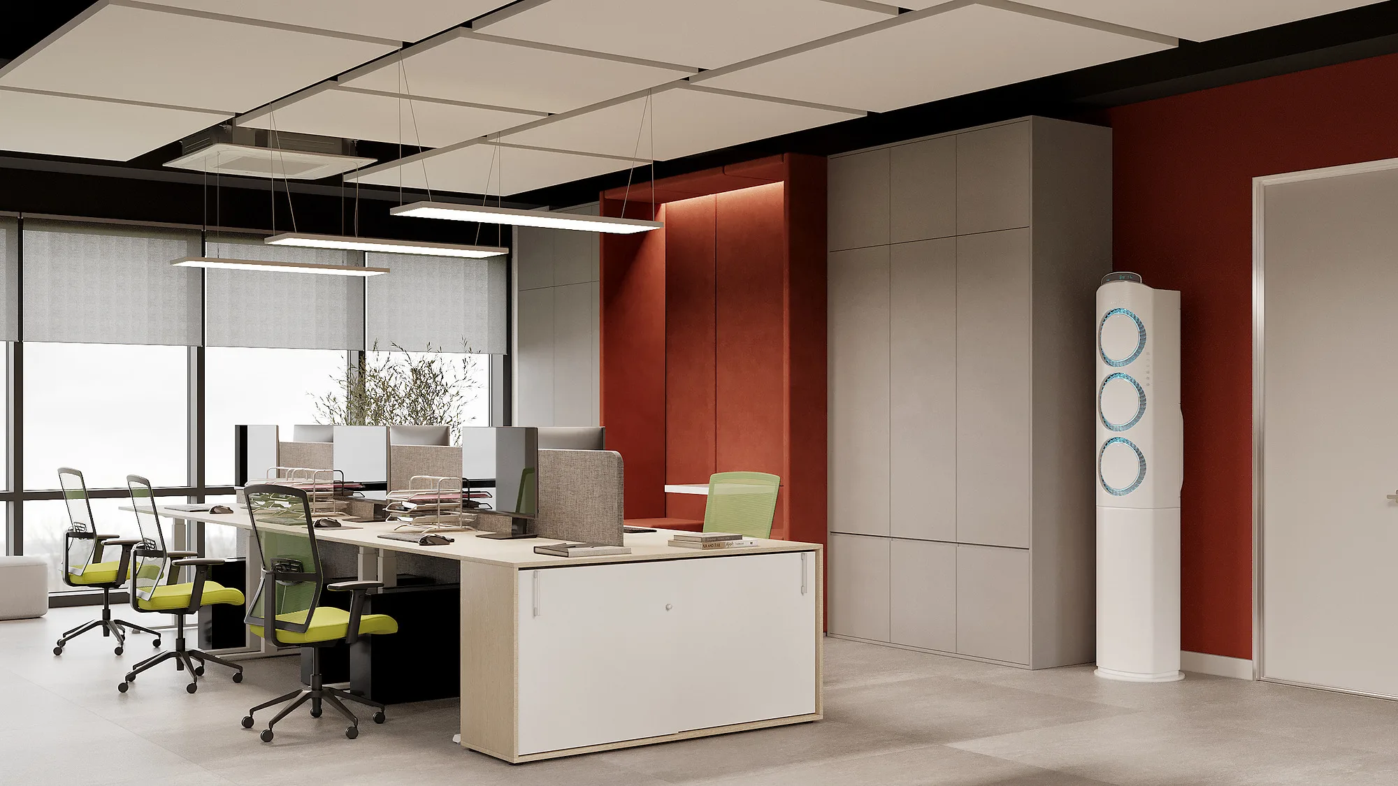 SWIXX office render: work area by the red wall — SAD studio