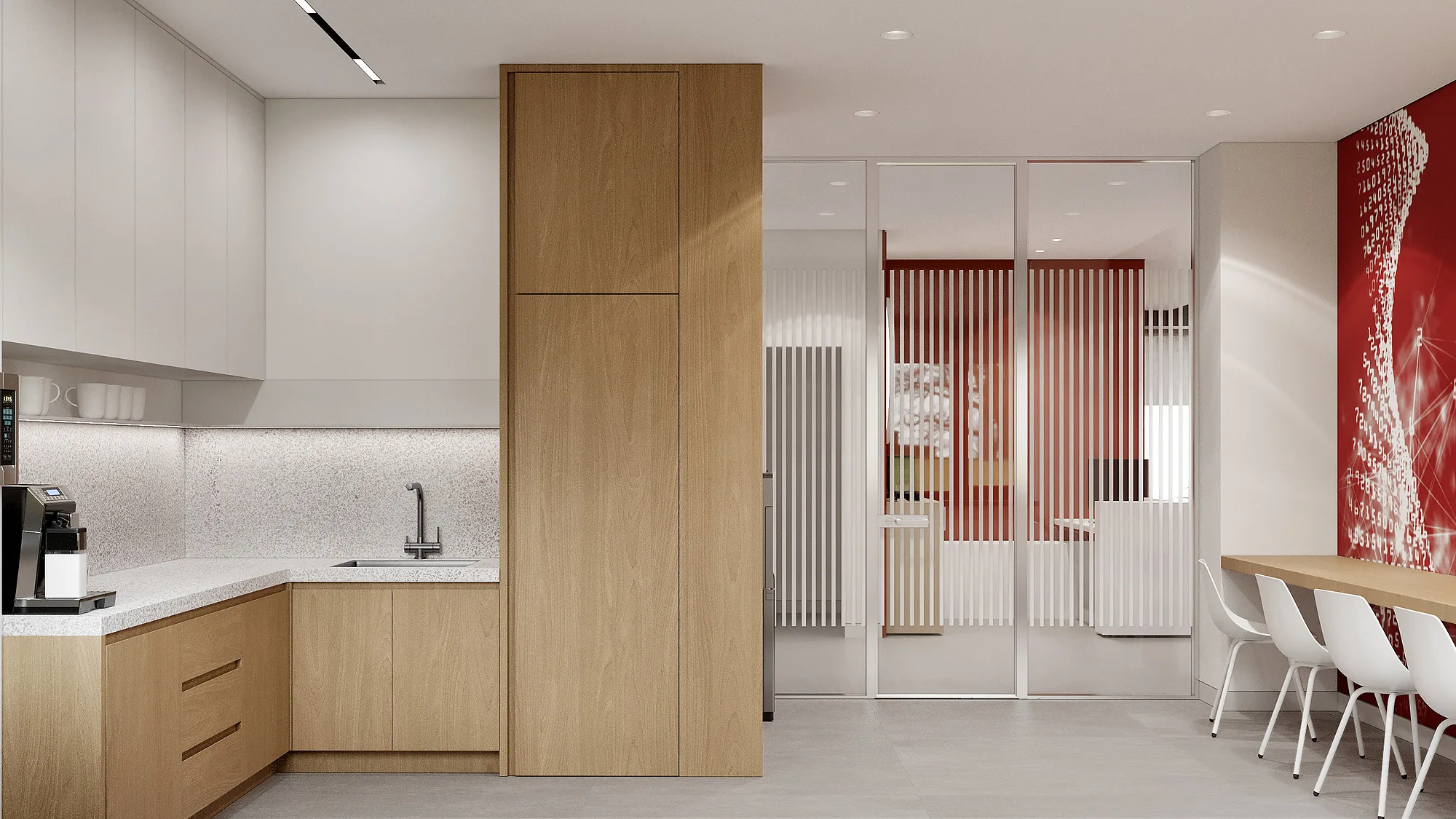 SWIXX office render: kitchen and dining area — SAD studio