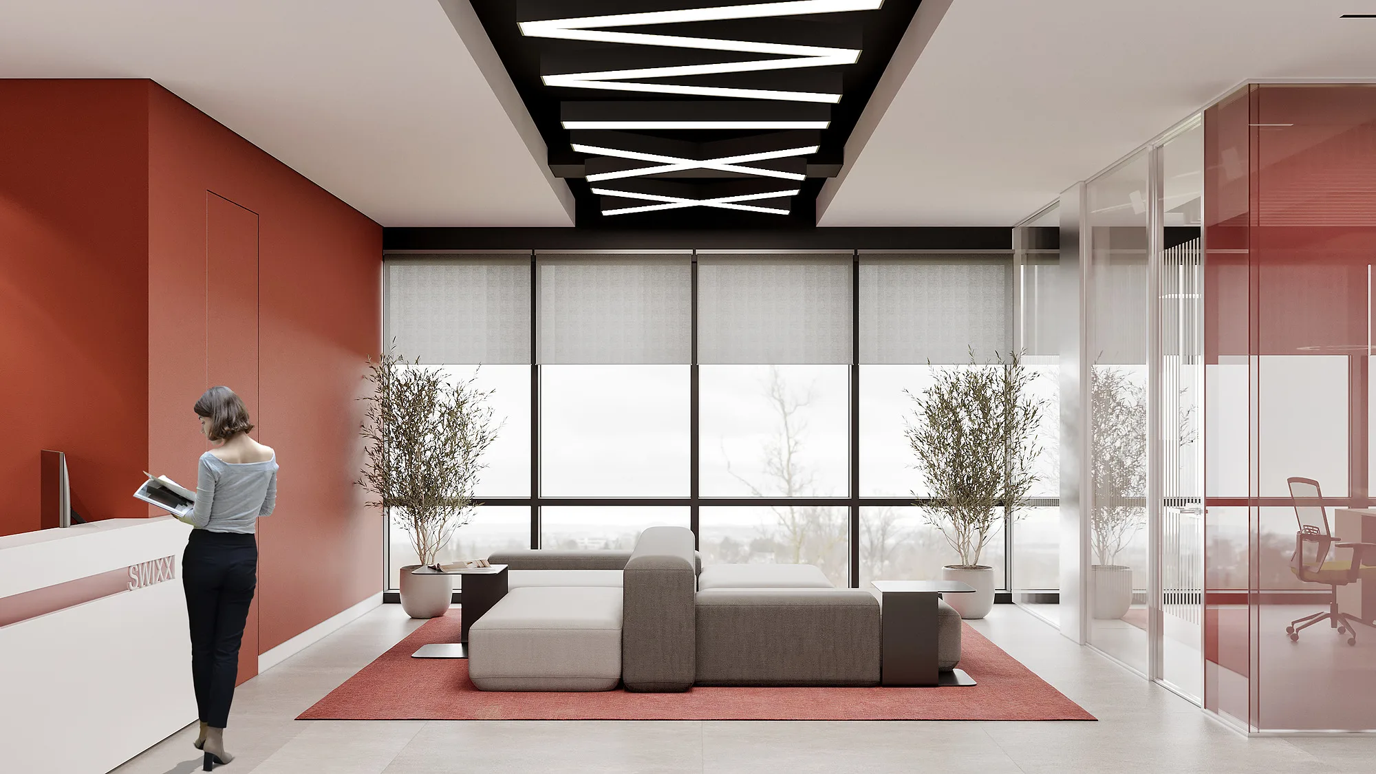 SWIXX office render: lounge by the windows — SAD studio