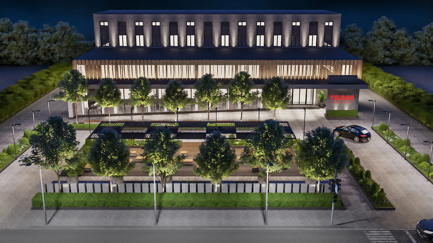 Design proposal for TEAM University in Tashkent: the landscaped forecourt with an avenue of trees in front of the academic building — SAD studio