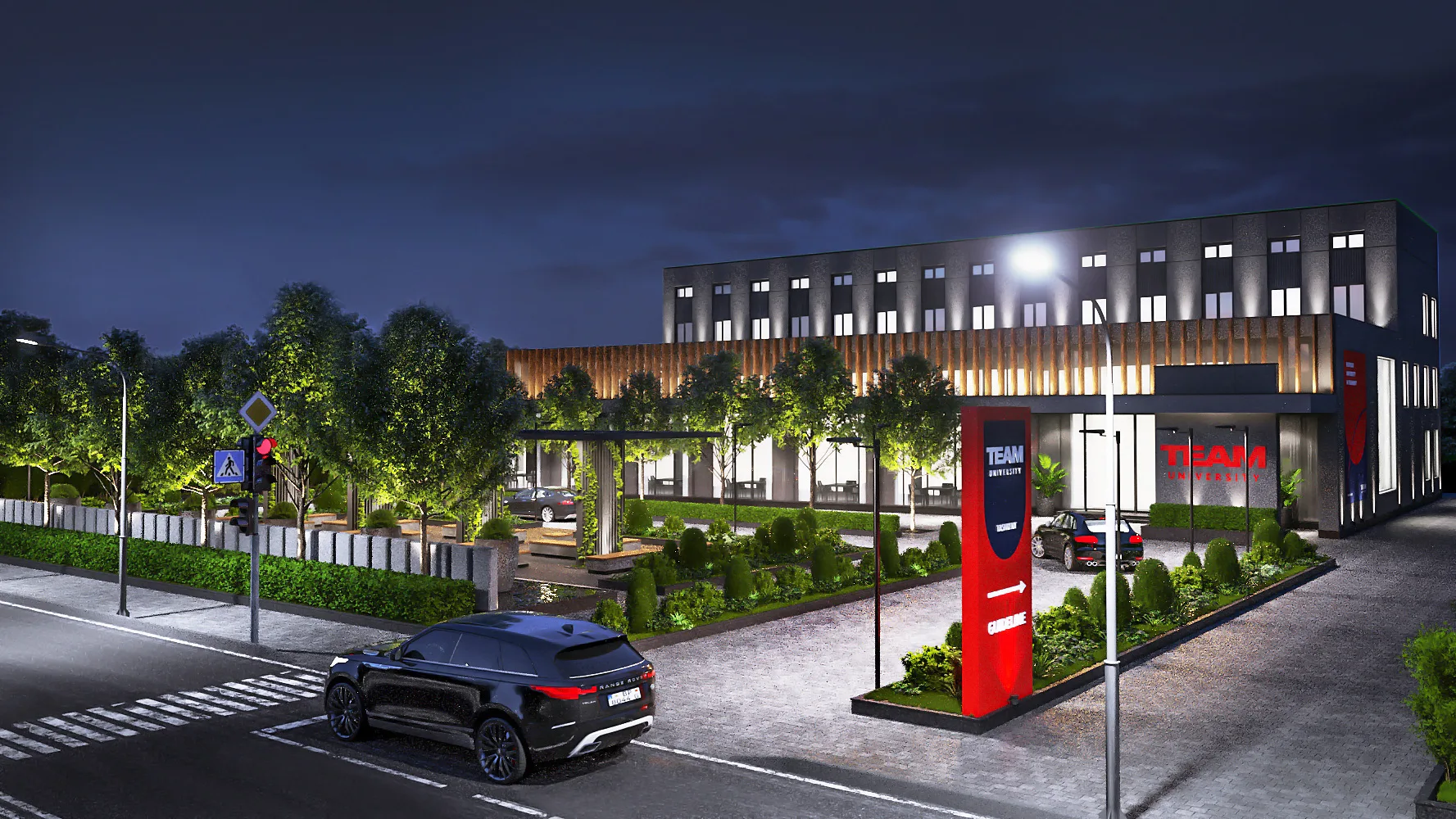 Design proposal for TEAM University in Tashkent: the site corner in the evening, the name pylon and facade lighting — SAD studio