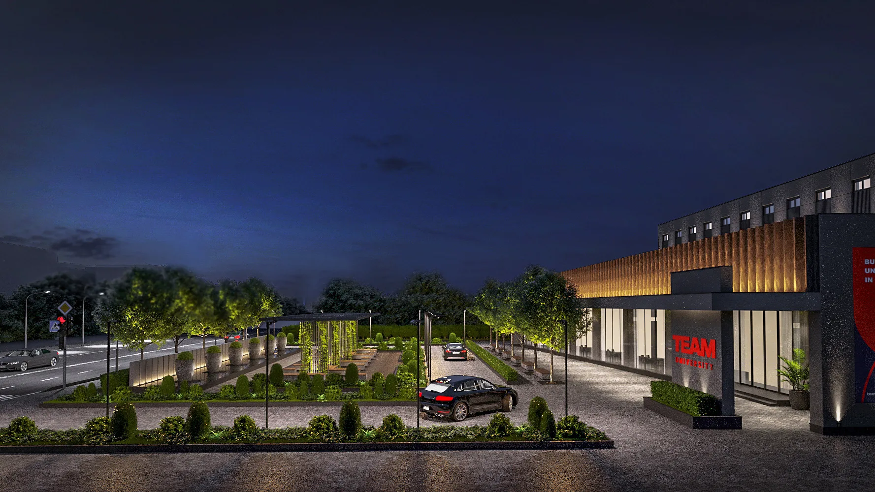 Design proposal for TEAM University in Tashkent: the approach to the entrance along the planting, evening lighting — SAD studio