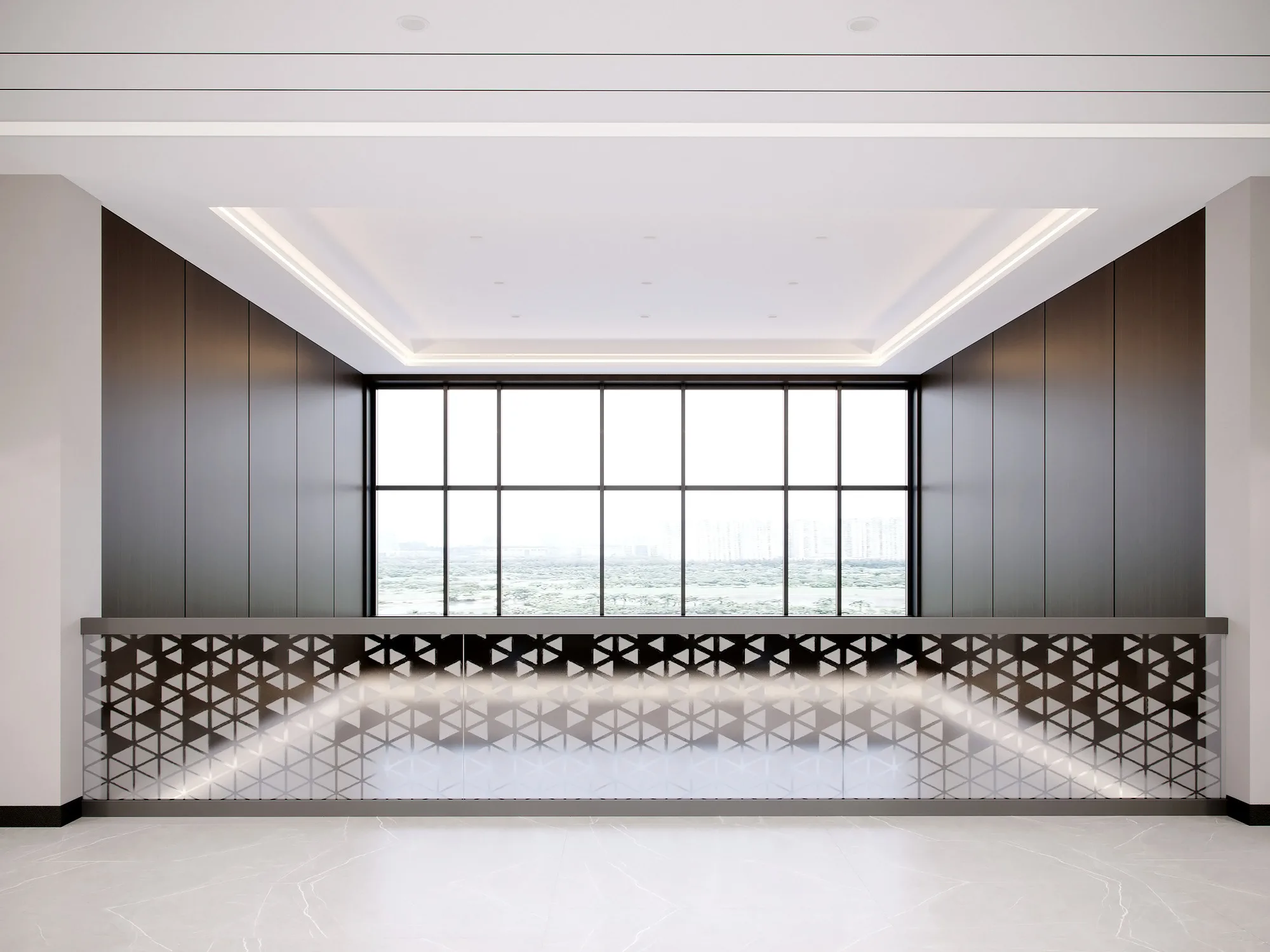 Banking hall of the Trast Bank branch in Bukhara: the teller line with a perforated screen and lighting — SAD studio