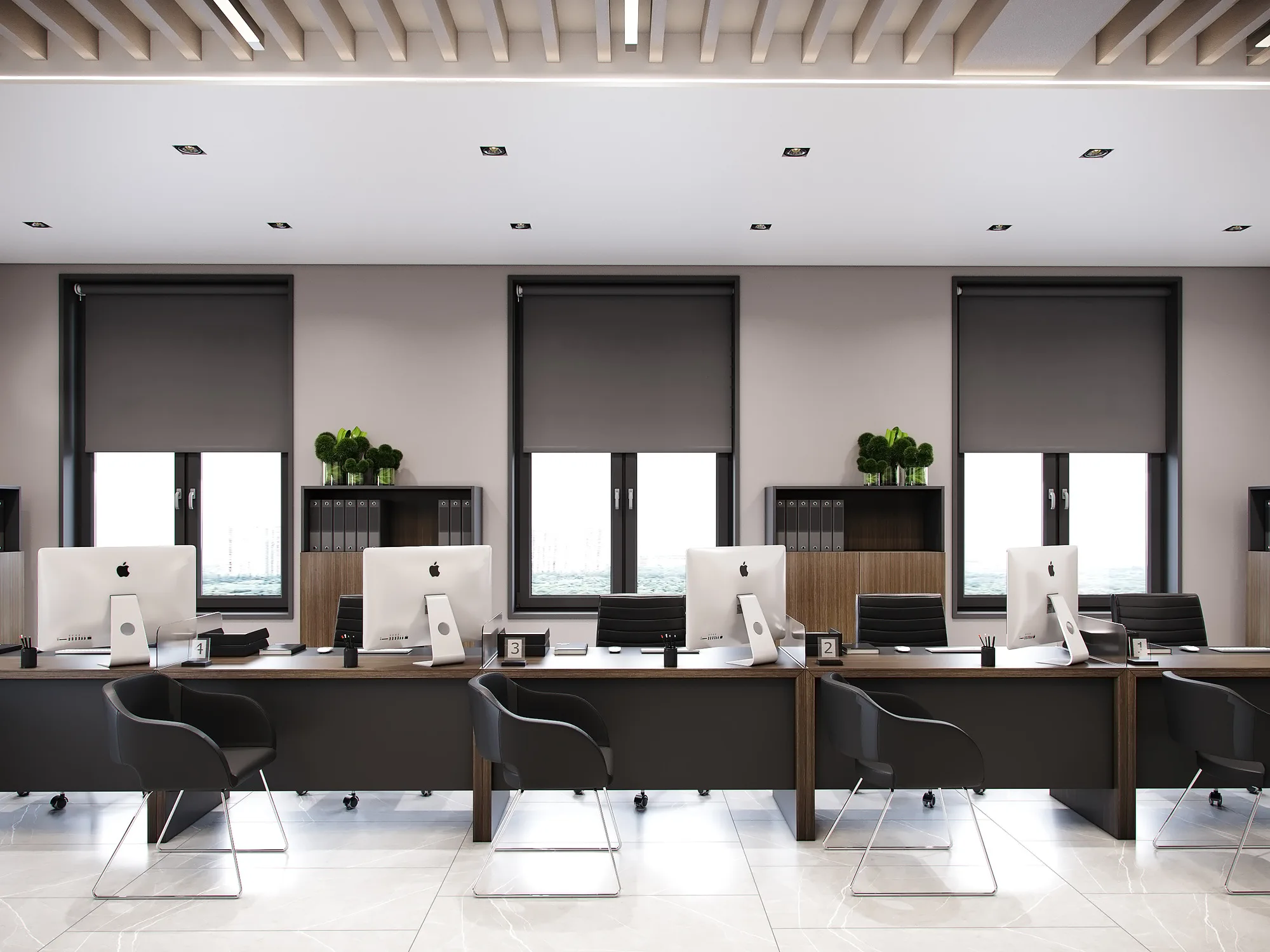 Teller workplaces at Trast Bank in Bukhara: desks with monitors by the windows and plants on the counters — SAD studio