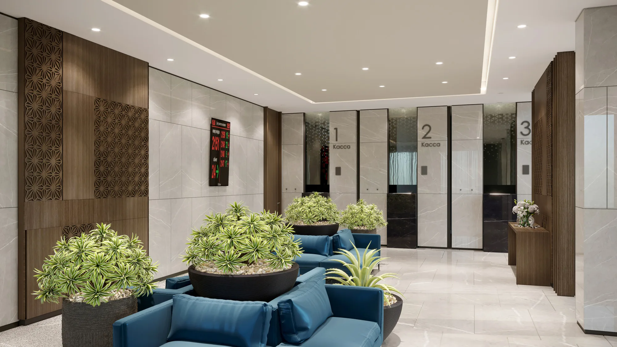 Second-floor hall of Trast Bank in Bukhara: the lift core, blue sofas and planters — SAD studio