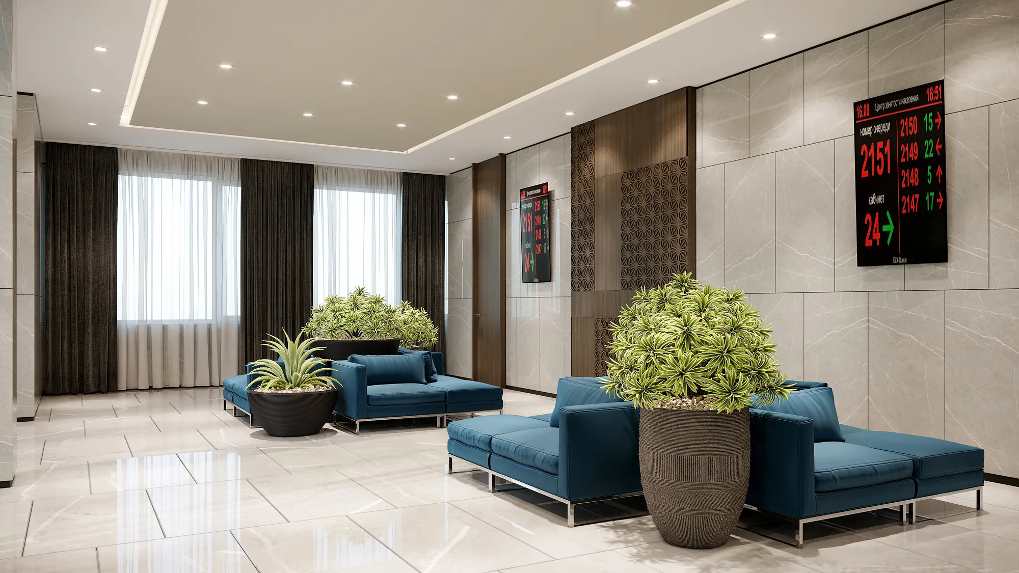 Second-floor waiting area at Trast Bank in Bukhara: blue sofas, the currency board and timber panelling — SAD studio