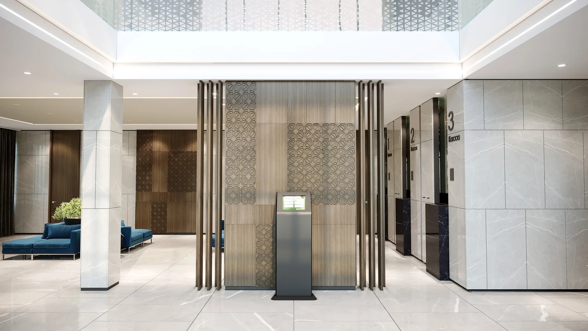 Third-floor hall of Trast Bank in Bukhara: columns, the waiting zone and floor signage — SAD studio
