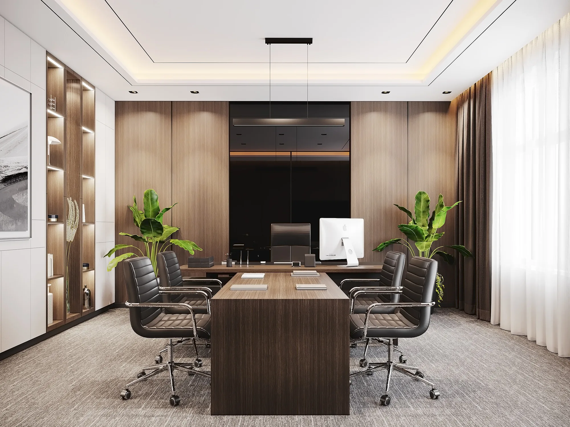 Meeting room in the manager office at Trast Bank in Bukhara: a six-seat table, lit shelving and plants — SAD studio