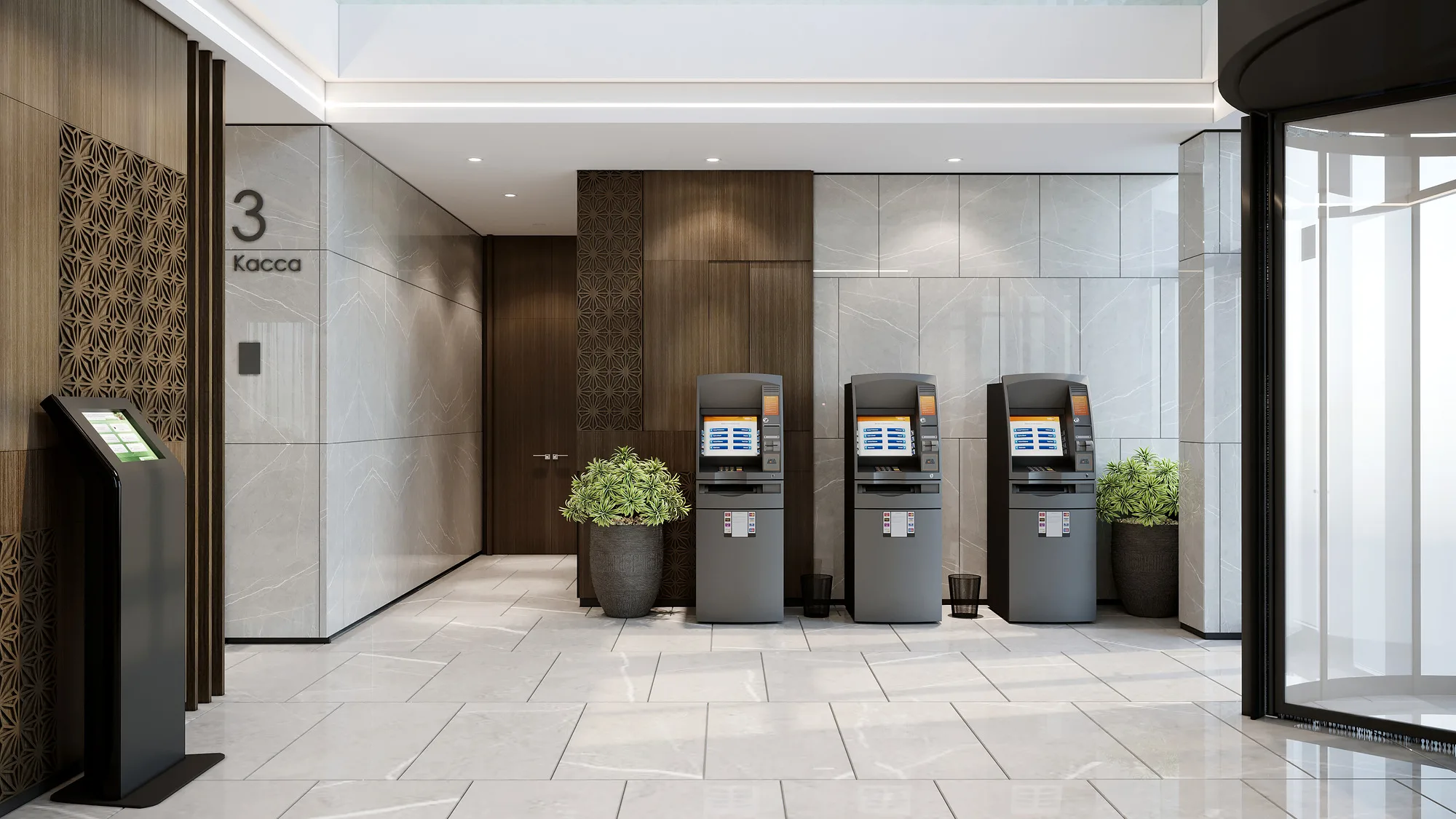 Self-service zone at Trast Bank in Bukhara: terminals by a wall with an ornamental panel and planters — SAD studio
