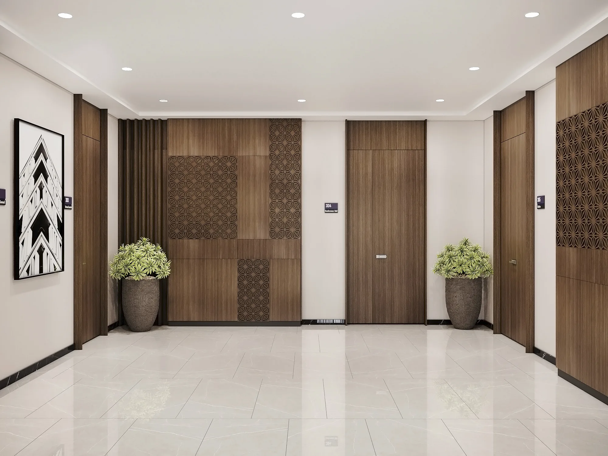 Lift hall at Trast Bank in Bukhara: timber panels with a carved pattern and marble flooring — SAD studio