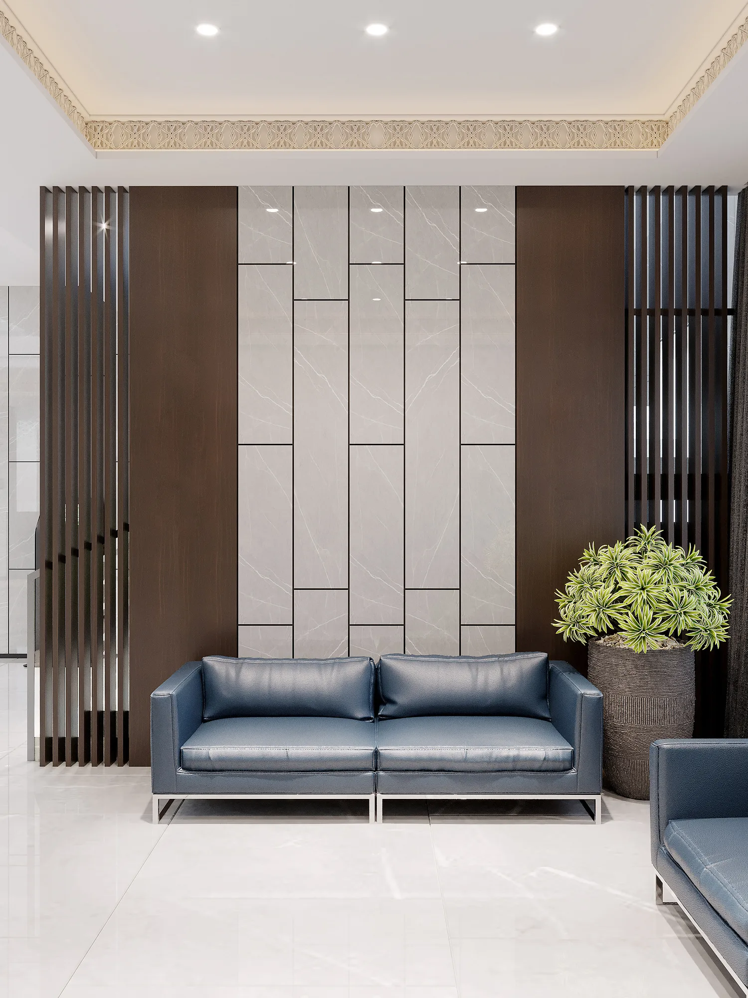 Waiting niche in the Trast Bank branch in Samarkand: a sofa against timber panelling and a planter — SAD studio